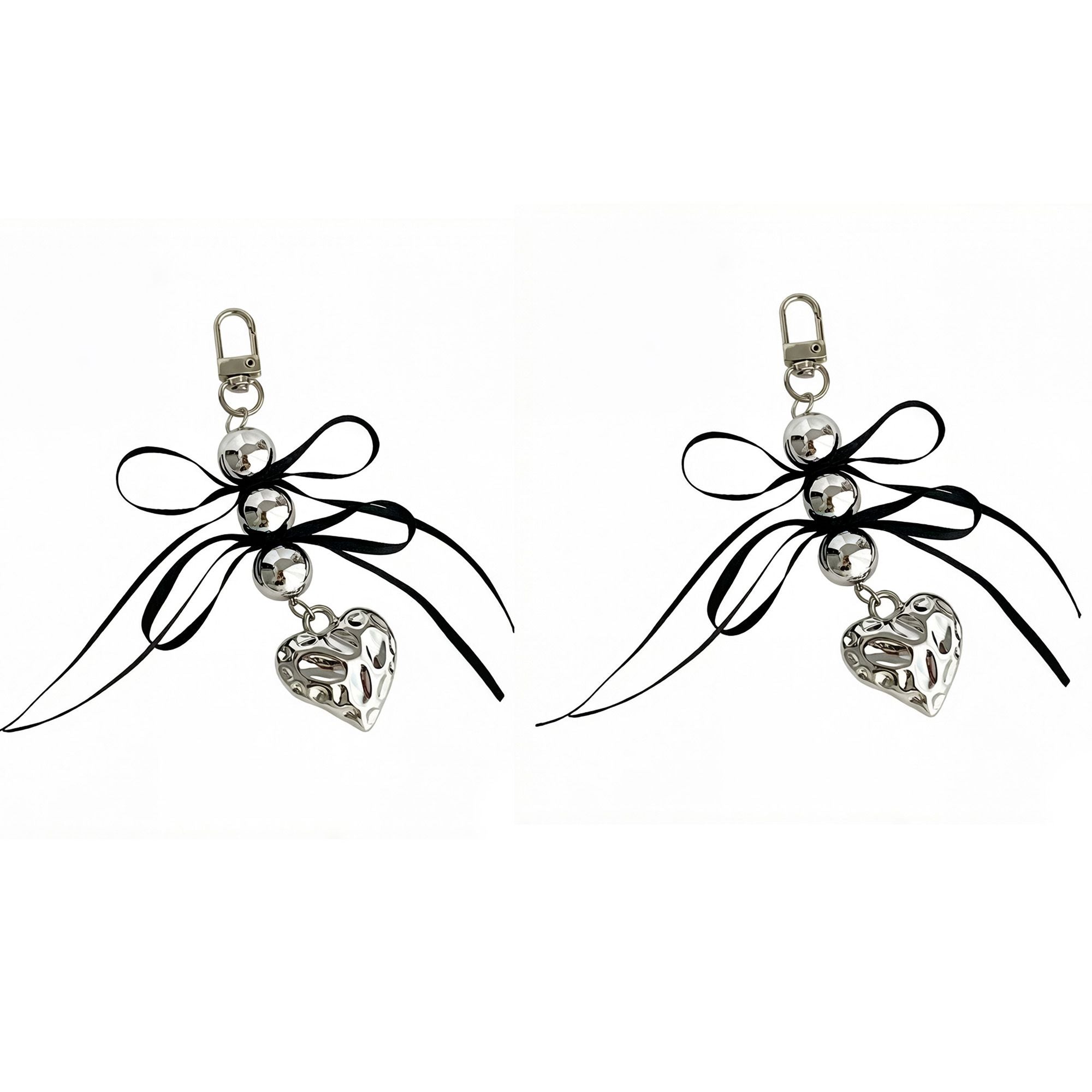 2 Pack Heart Charm Keychain with Bow Accent Bead Detail Clip and Key Ring Bag Accessory