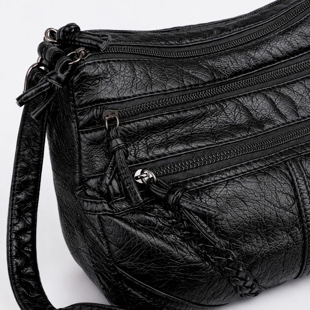 Multi-Pocket Crossbody Bag with Adjustable Strap and Braided Trim