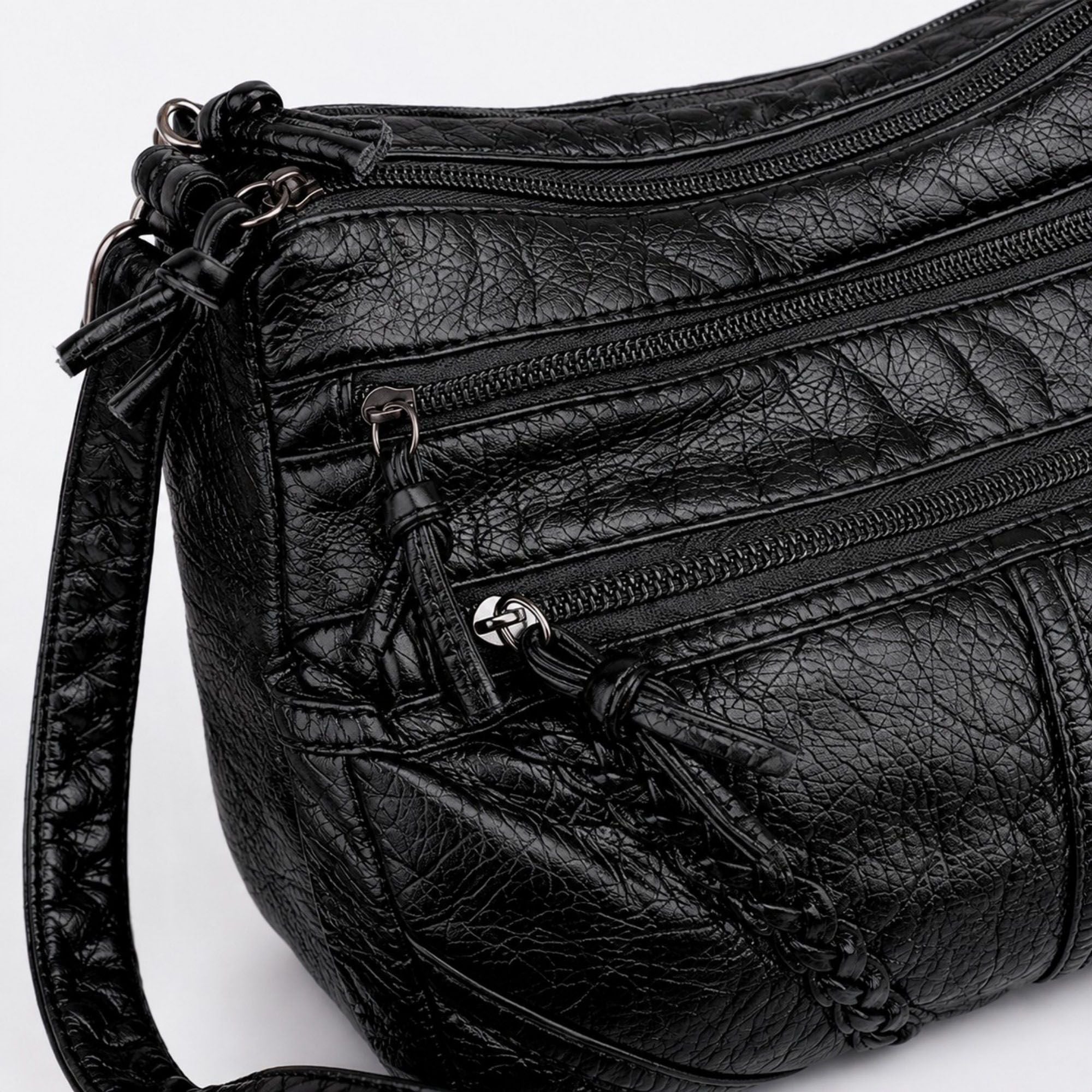 Multi-Pocket Crossbody Bag with Adjustable Strap and Braided Trim