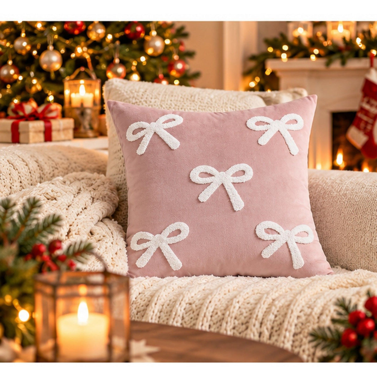 1 Piece Decorative Bow Throw Pillow Cover Soft Velvet Christmas Accent 18 x 18 Inch