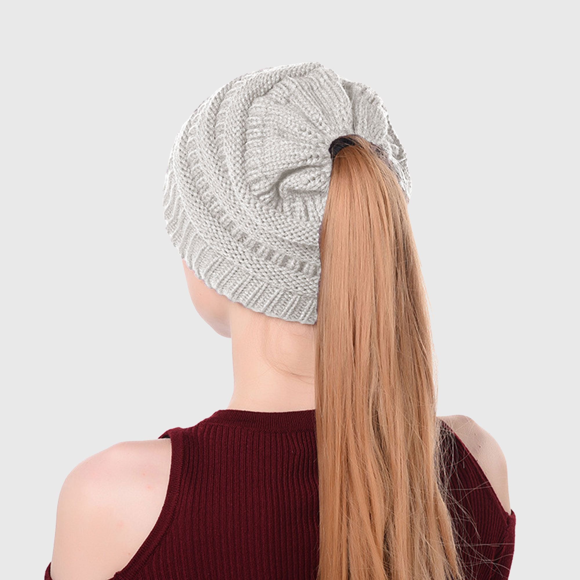 Anna-Kaci Women's Ponytail Beanie Hats - Acrylic Knit Stretchable Messy Bun Skull Cap for Winter & Casual Wear