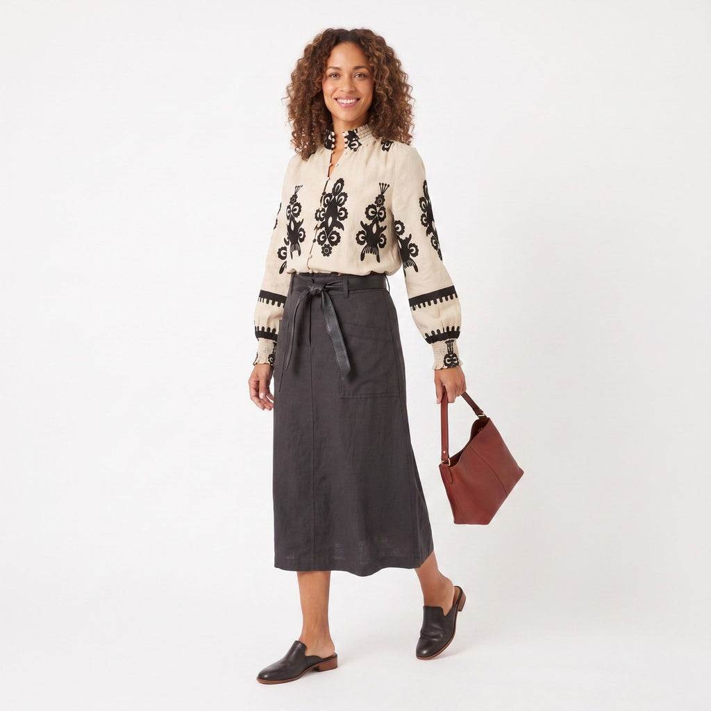 Printed Button Front Blouse Ruffle Stand Collar Long Sleeve Relaxed Fit Top