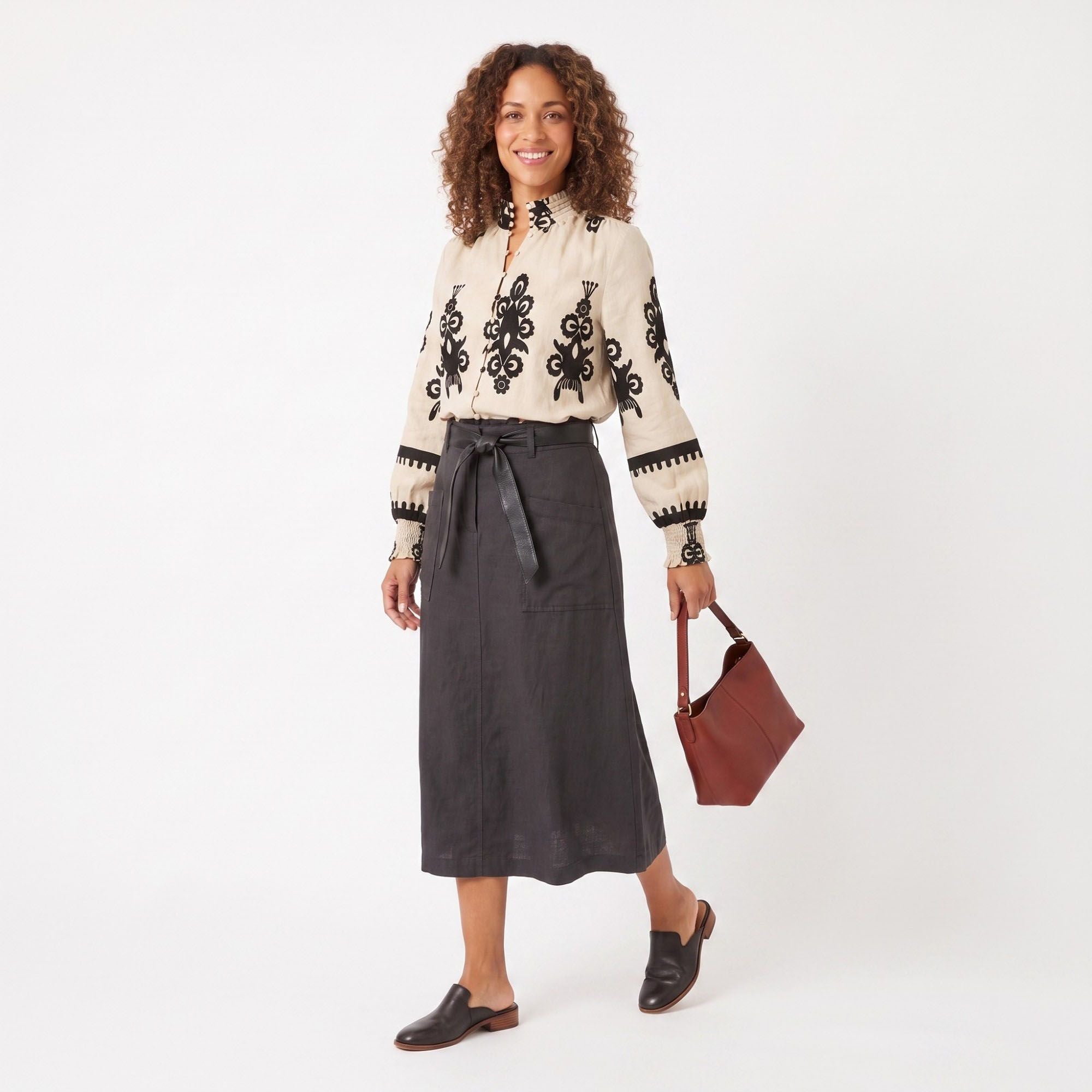 Printed Button Front Blouse Ruffle Stand Collar Long Sleeve Relaxed Fit Top