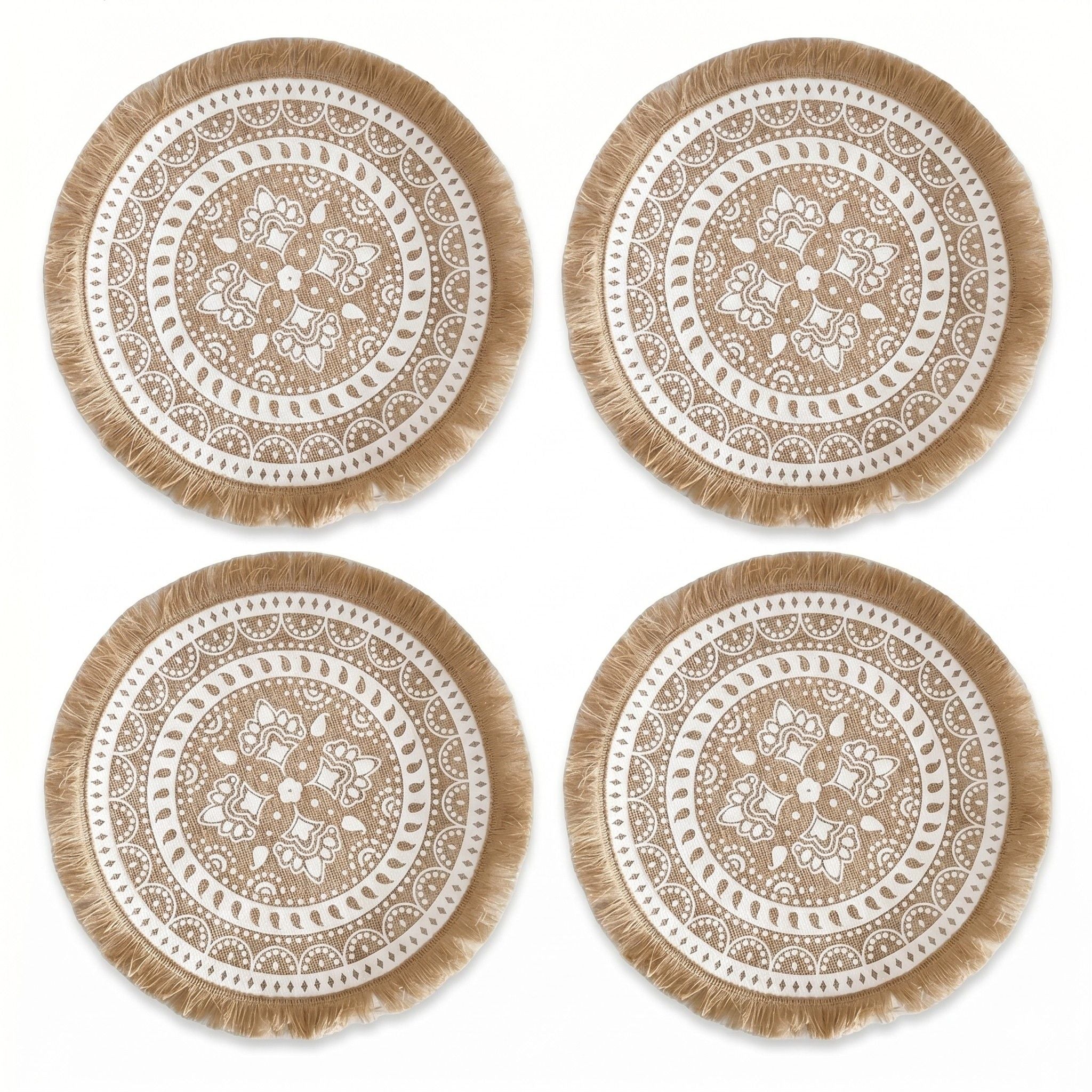4 Piece Boho Round Placemat Set Woven Look Heat Resistant Table Mats for Dining Table