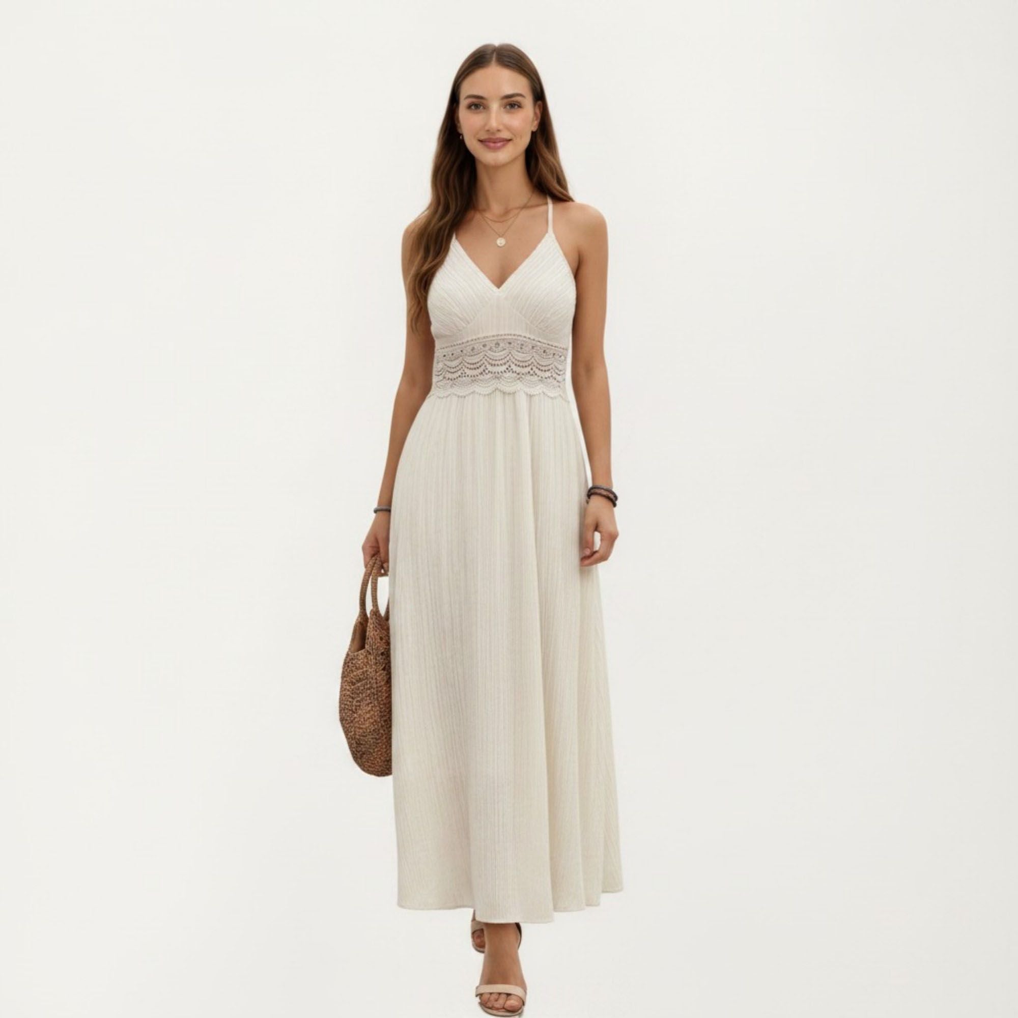 Anna-Kaci Women's Sleeveless Maxi Dress with Lace Waist Detail Adjustable Straps Flowy Long Skirt Design