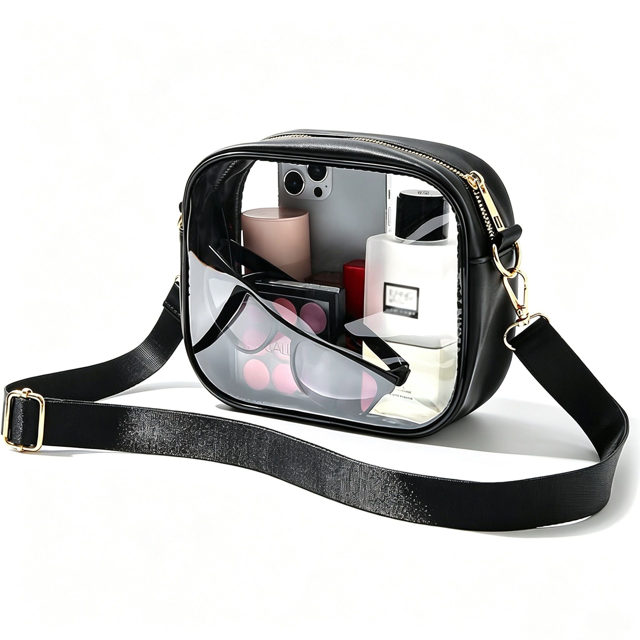 Clear Crossbody Bag with Front Zipper Pocket, Structured Trim and Adjustable Removable Shoulder Strap