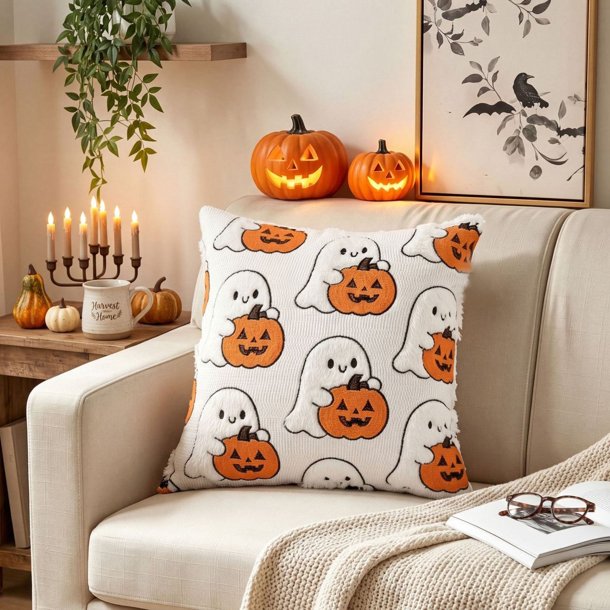 Halloween Ghost Pumpkin Textured Decorative Throw Pillow Cover Square Cushion for Sofa Bed Chair