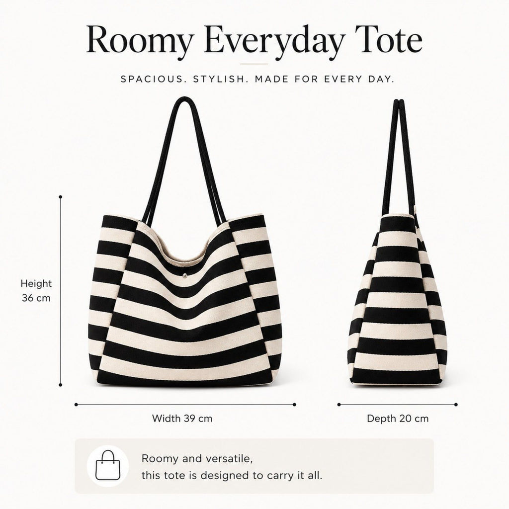 Striped Tote Bag with Large Capacity Soft Shoulder Carry Design