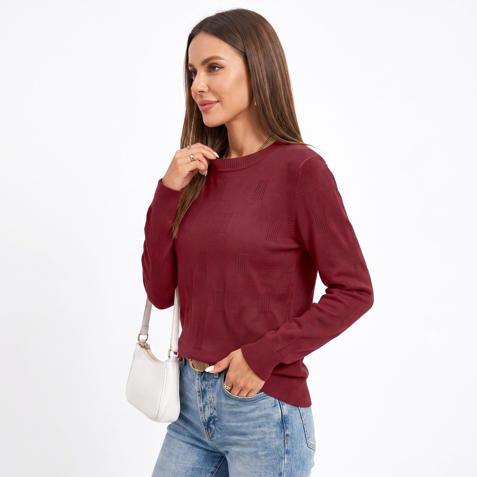 Textured Geometric Crew Neck Long Sleeve Knit Sweater