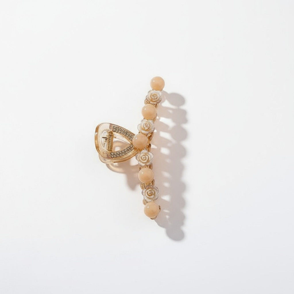 Anna-Kaci Beaded Flower Metal Hair Claw Clip with Curved Design and Textured Accents