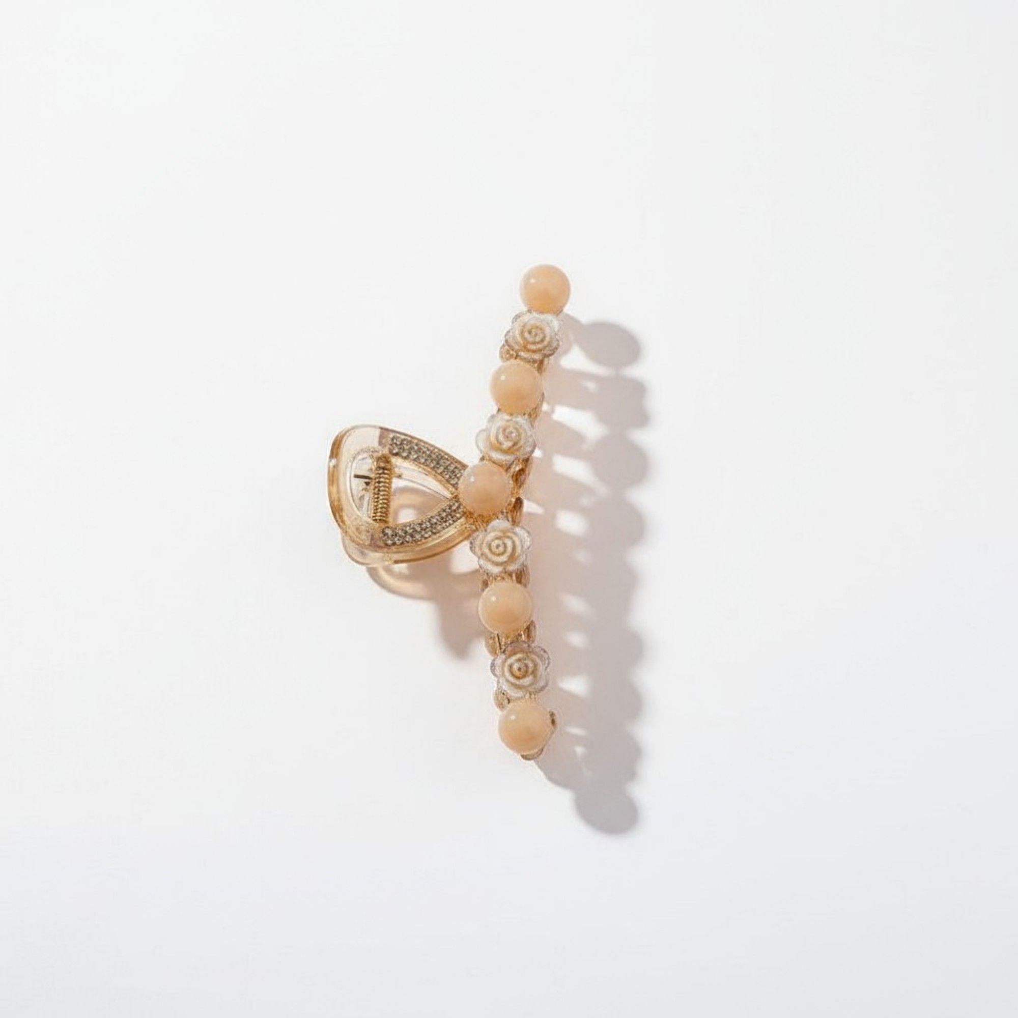 Beaded Flower Metal Hair Claw Clip with Curved Design and Textured Accents