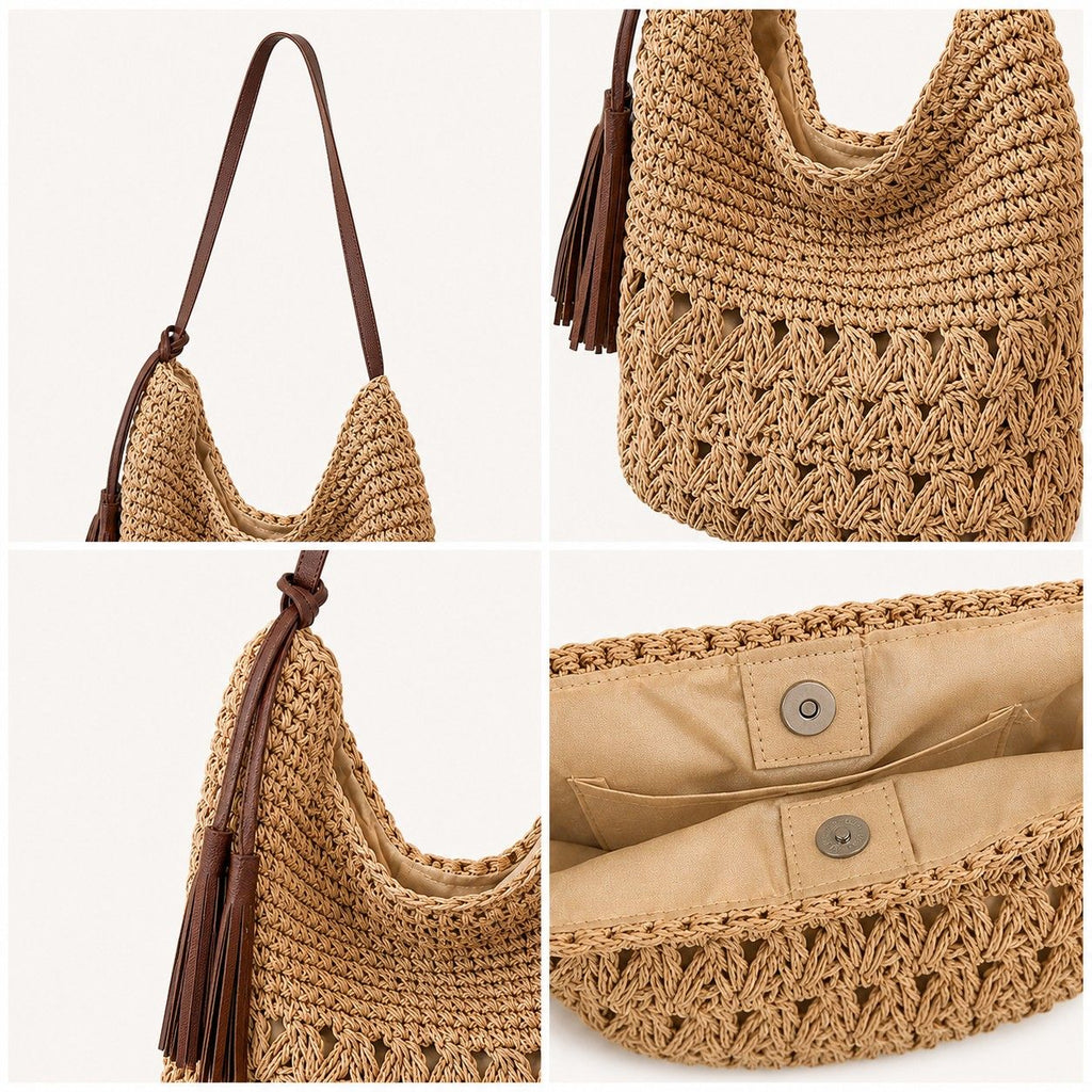 Woven Hobo Shoulder Bag with Magnetic Closure and Slouchy Straw Style Texture