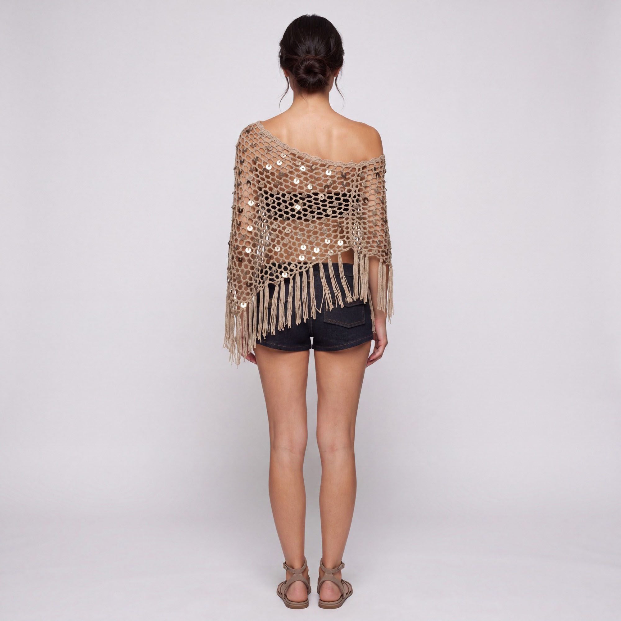 Open Knit Sequin Fringe Asymmetrical Poncho Shawl Cover Up with Draped One Shoulder Styling