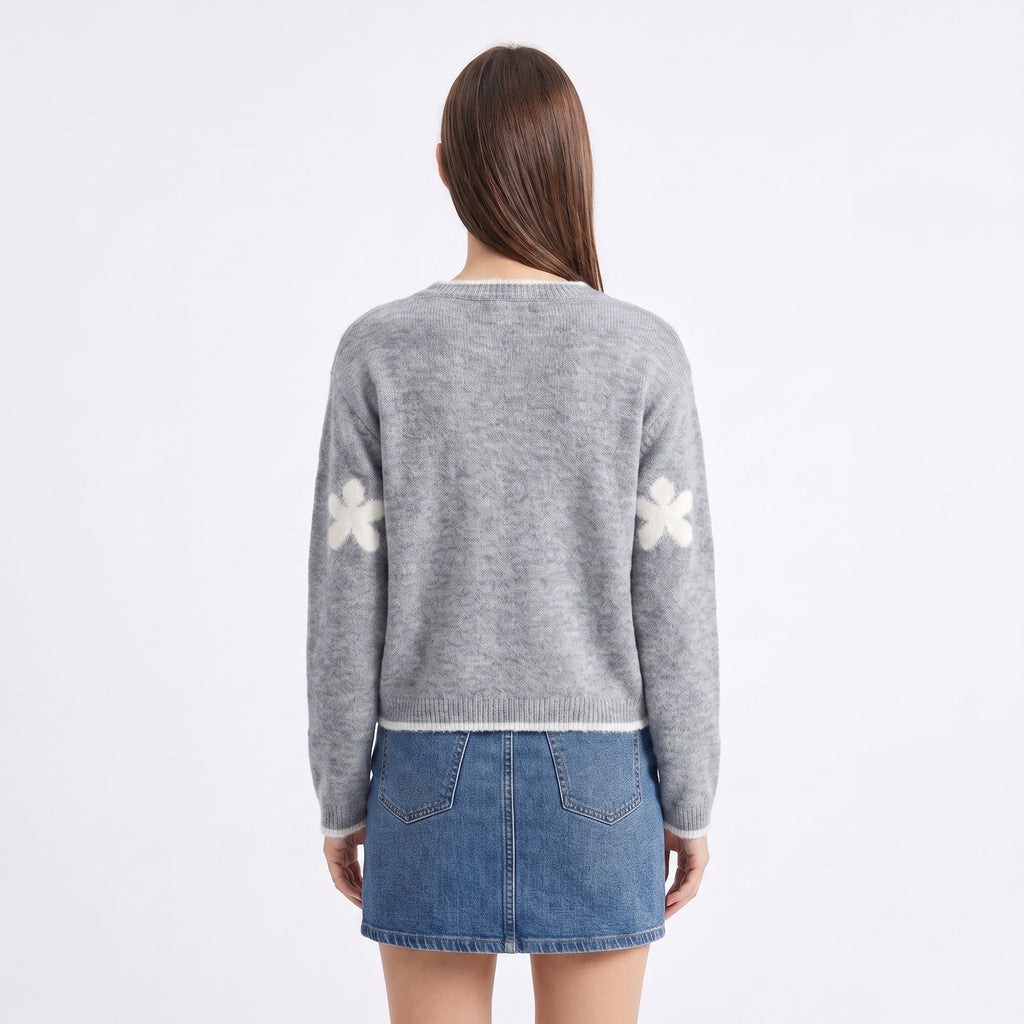 3D Floral Pearl Button Fuzzy Knit Cardigan Sweater