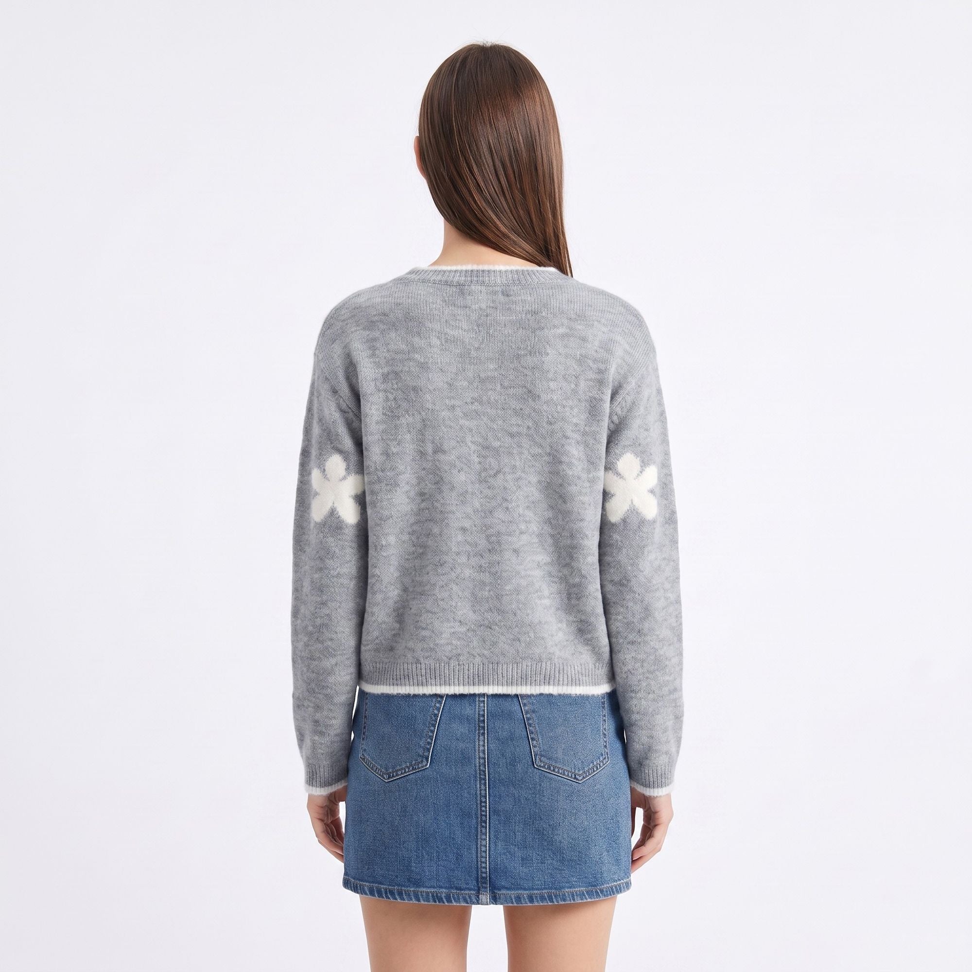 3D Floral Pearl Button Fuzzy Knit Cardigan Sweater