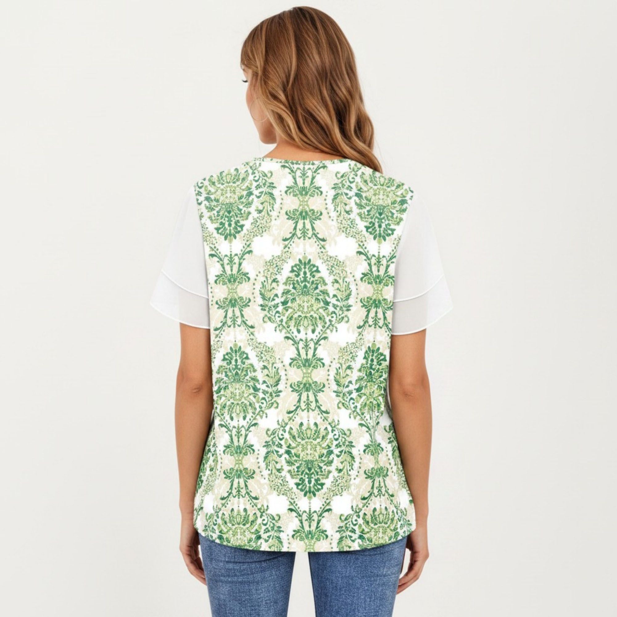 Anna-Kaci Women's Short Sleeve Top with Leopard Print Mesh Sleeves Round Neck Relaxed Fit Casual Shirt