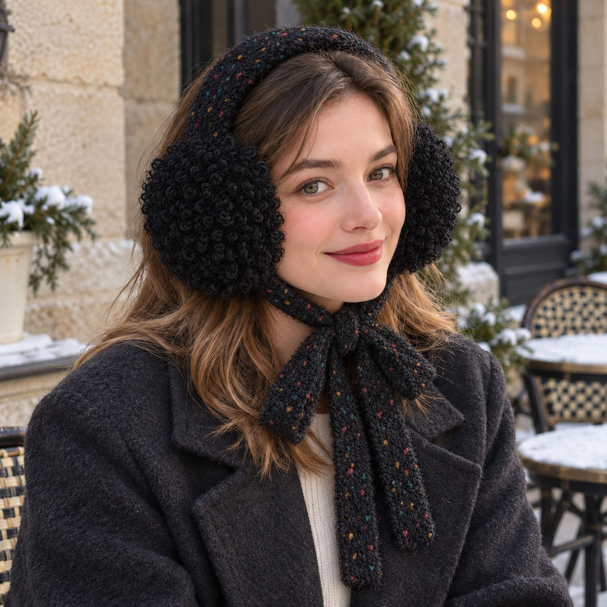Curly Plush Winter Earmuffs with Speckled Knit Ties