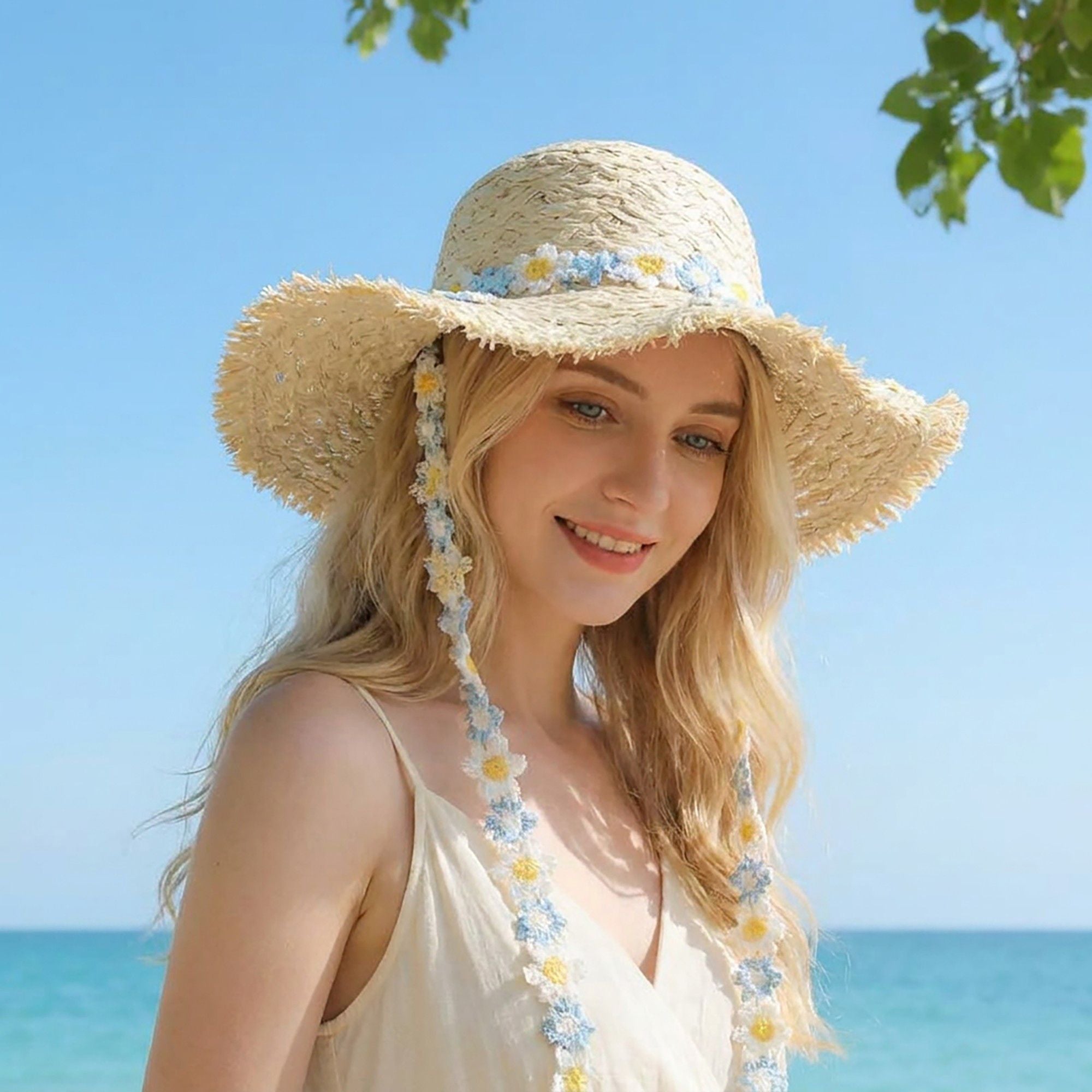Braided Straw Sun Hat with Floral Applique Trim and Fringe Brim Design