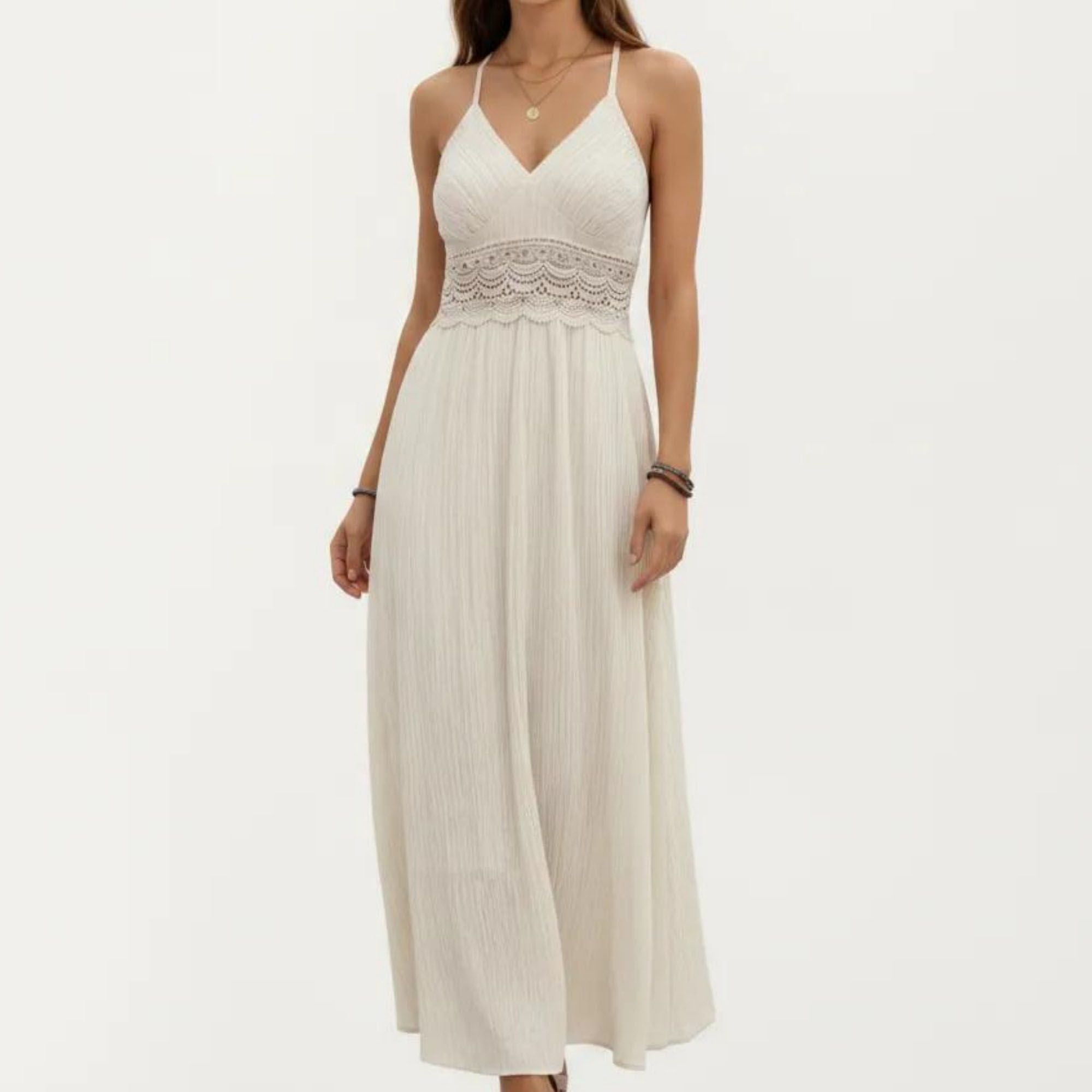Anna-Kaci Women's Sleeveless Maxi Dress with Lace Waist Detail Adjustable Straps Flowy Long Skirt Design