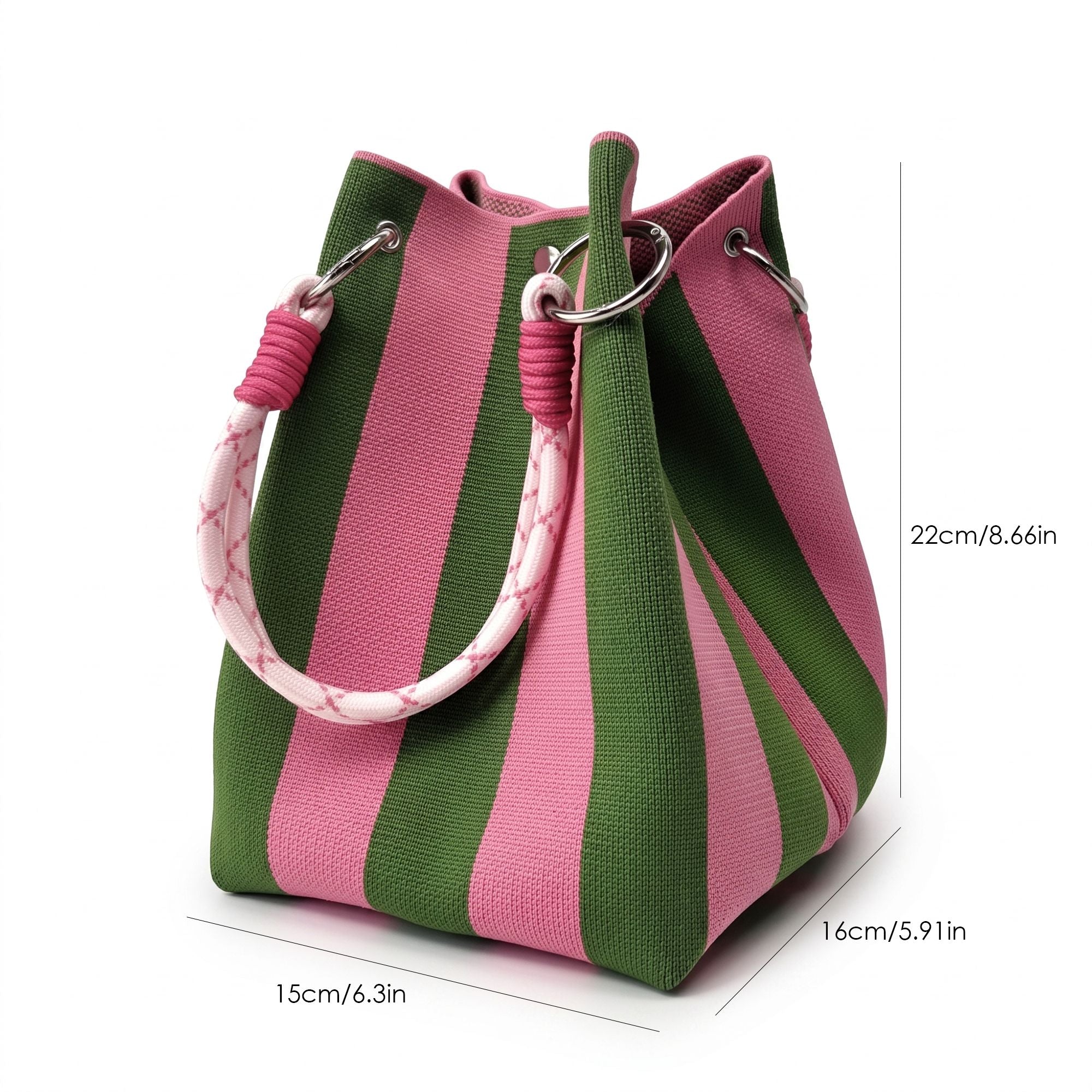 Small Striped Knit Bucket Bag with Rope Handles and Snap Closure