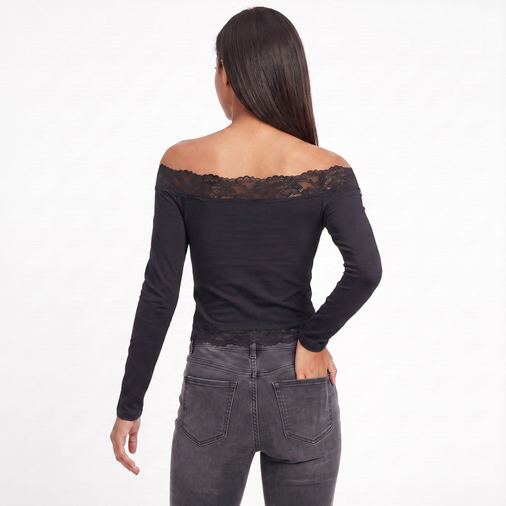 Off-the-Shoulder Lace Trim Long Sleeve Crop Top