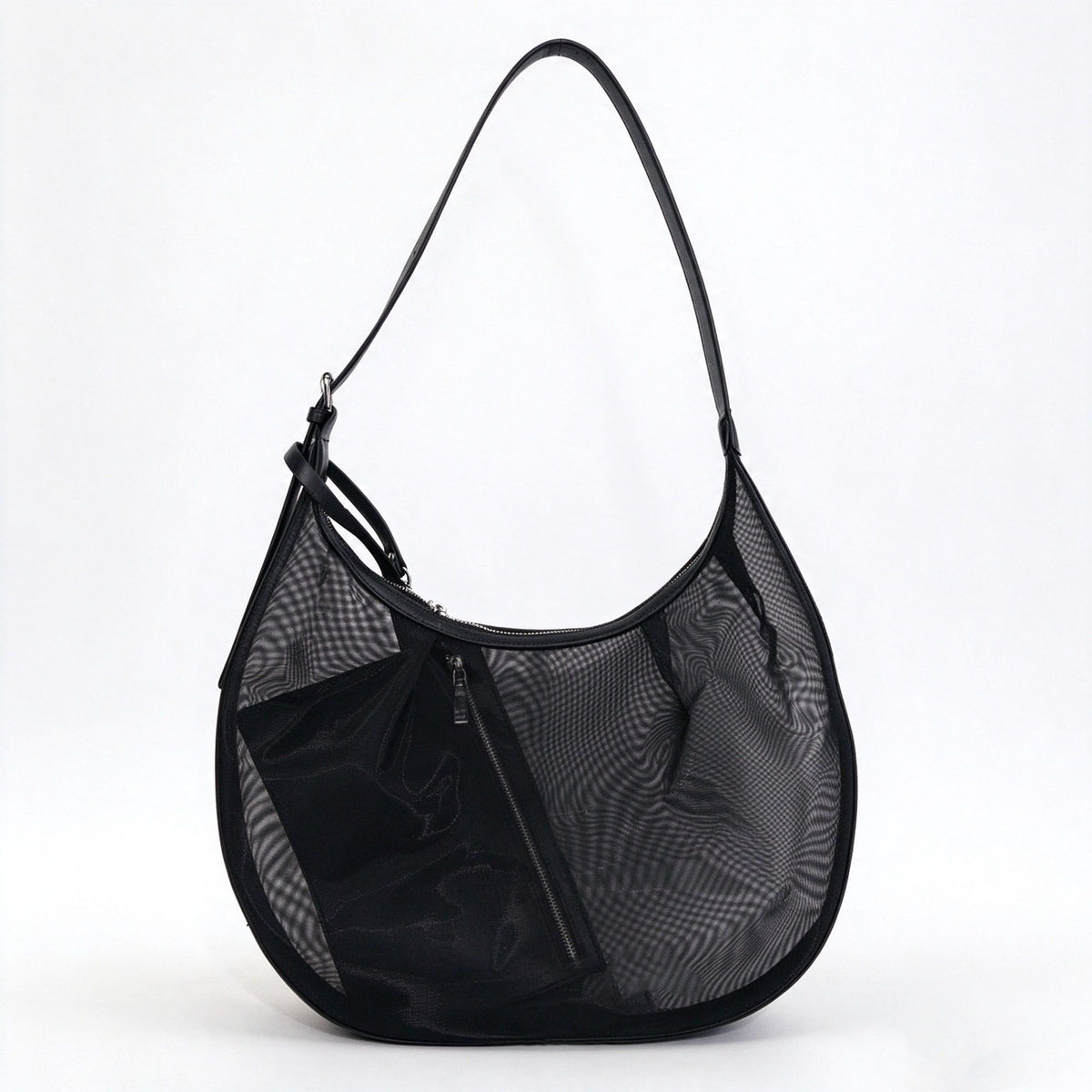 Mesh Hobo Shoulder Bag with Removable Zip Pouch and Adjustable Strap