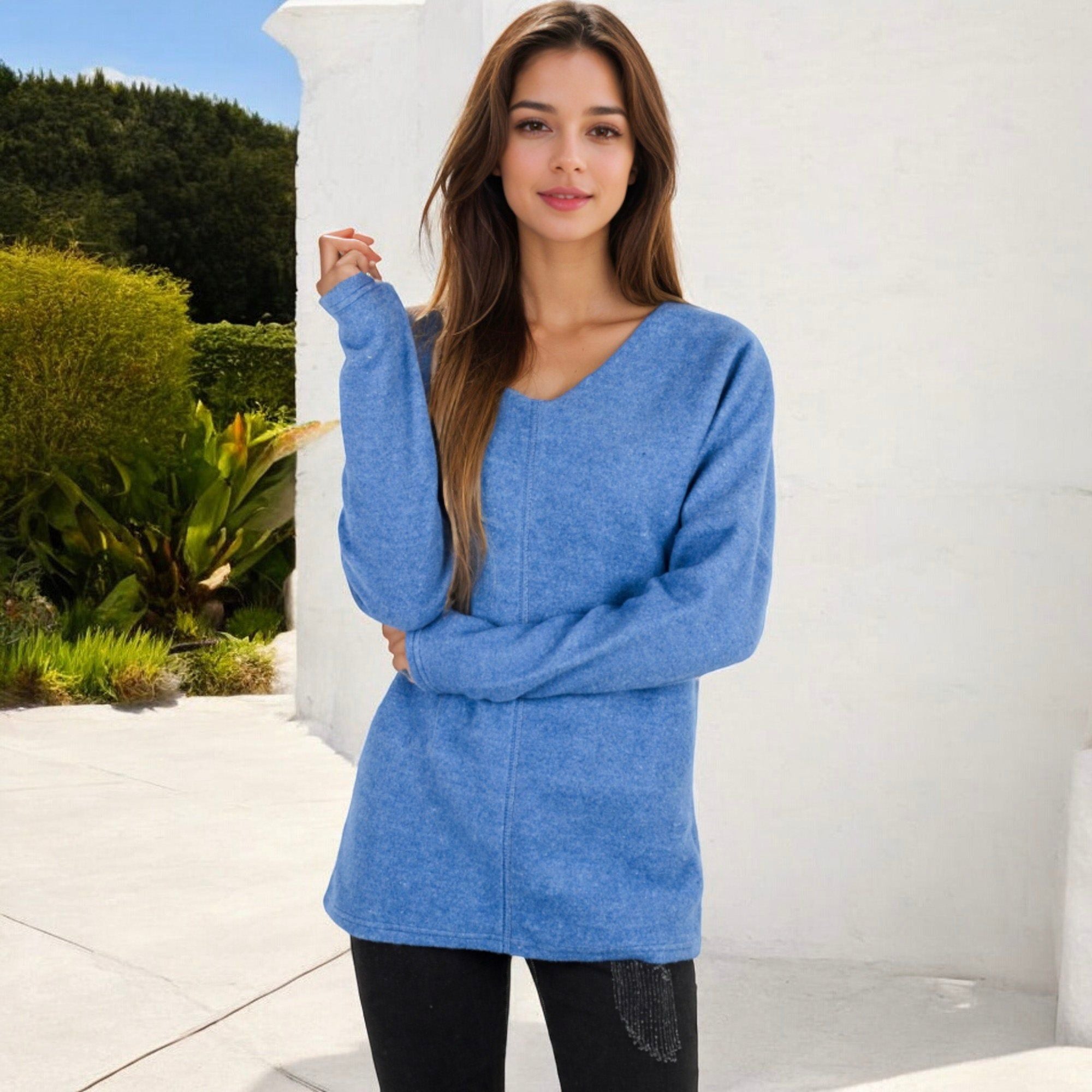 Anna-Kaci Women's Long Sleeve V-Neck Tunic Sweater with Seam Detail