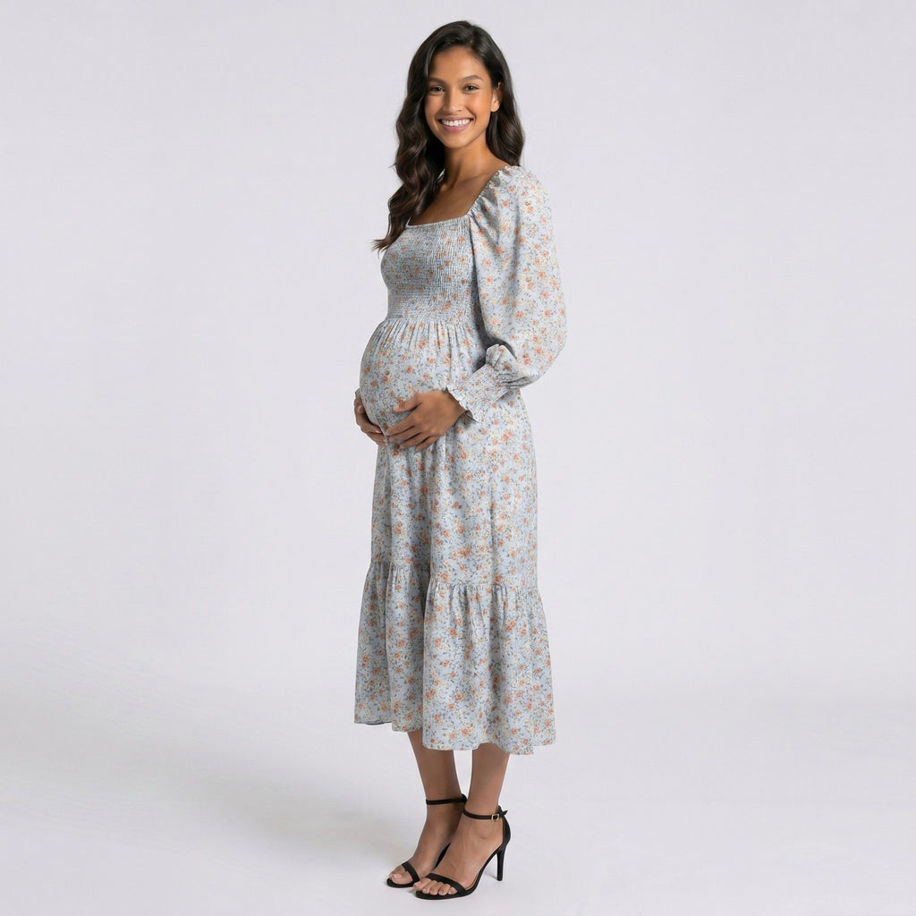Anna-Kaci Women's Maternity Floral Square Neck Midi Dress with Long Sleeves and Smocked Bodice
