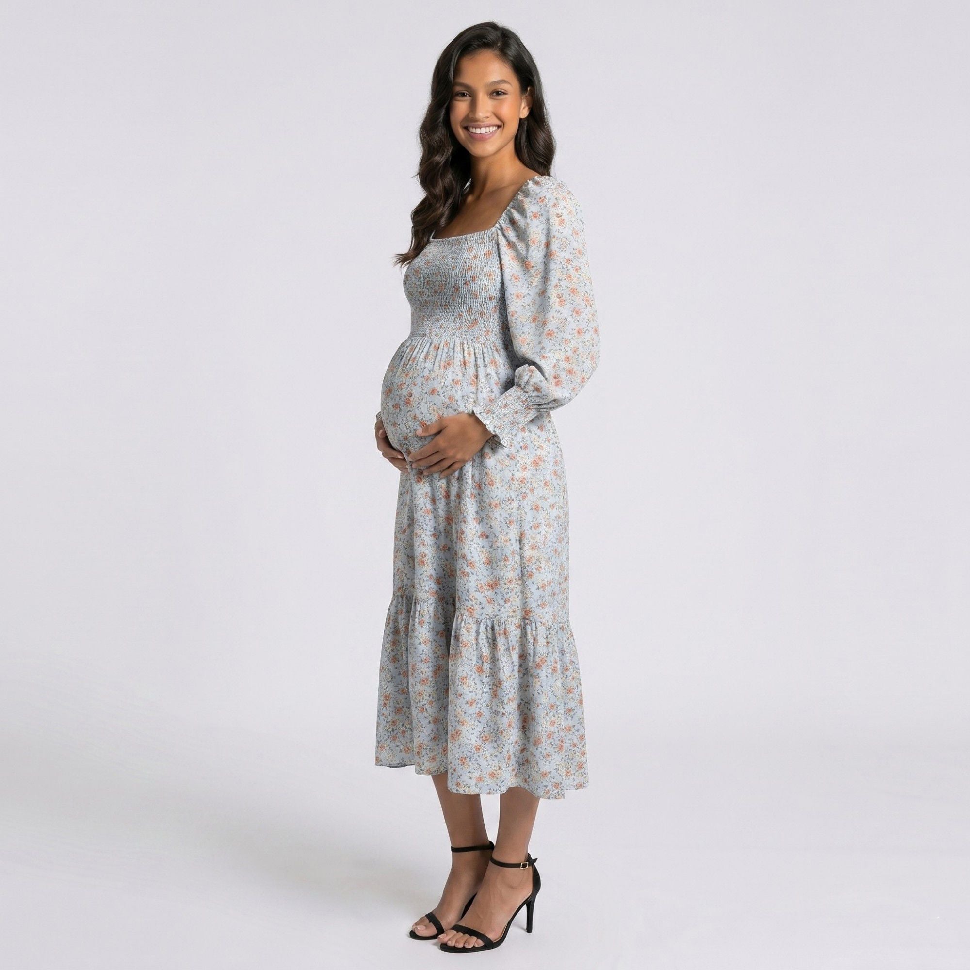 Anna-Kaci Women's Maternity Floral Square Neck Midi Dress with Long Sleeves and Smocked Bodice