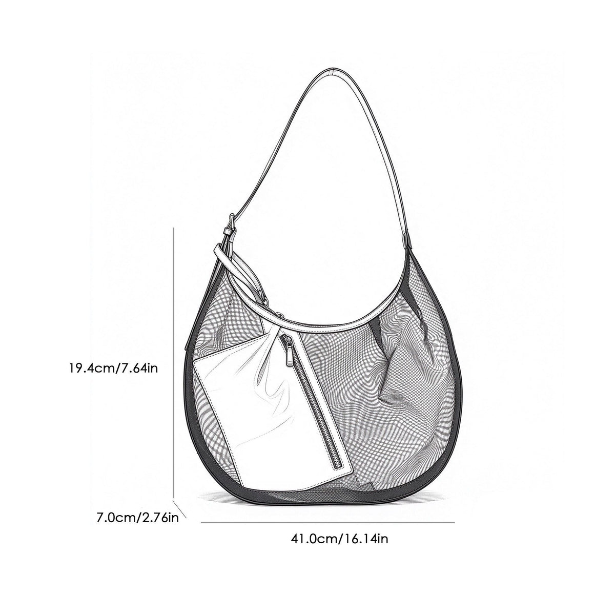 Mesh Hobo Shoulder Bag with Removable Zip Pouch and Adjustable Strap