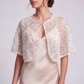 Sheer Floral Lace Pearl Trim Capelet Shrug with Open Front, Scalloped Pattern and Draped Short Sleeves 17.7*9.8In