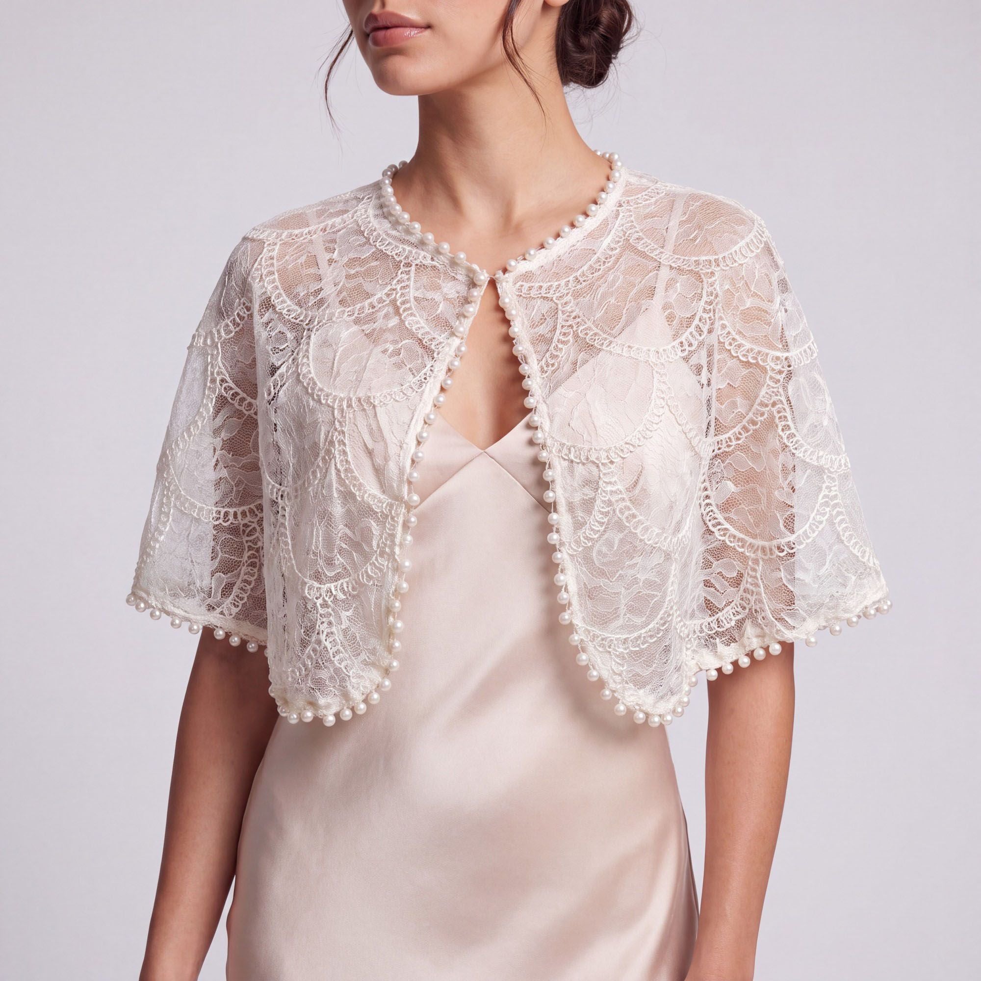 Sheer Floral Lace Pearl Trim Capelet Shrug with Open Front, Scalloped Pattern and Draped Short Sleeves 17.7*9.8In