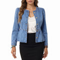Peplum Denim Jacket Long Sleeve Button Front Jean Blazer with Ruffle Waist