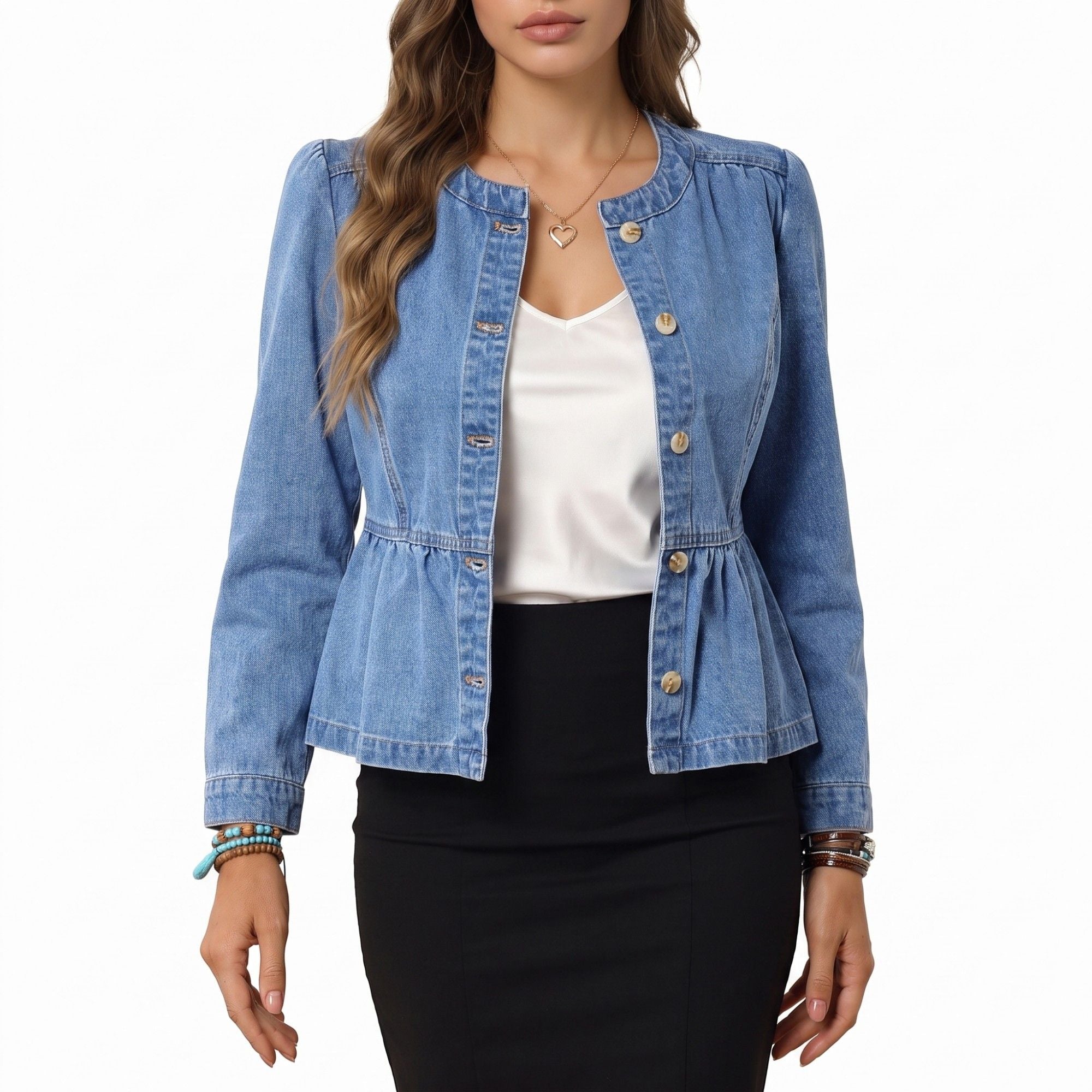 Peplum Denim Jacket Long Sleeve Button Front Jean Blazer with Ruffle Waist