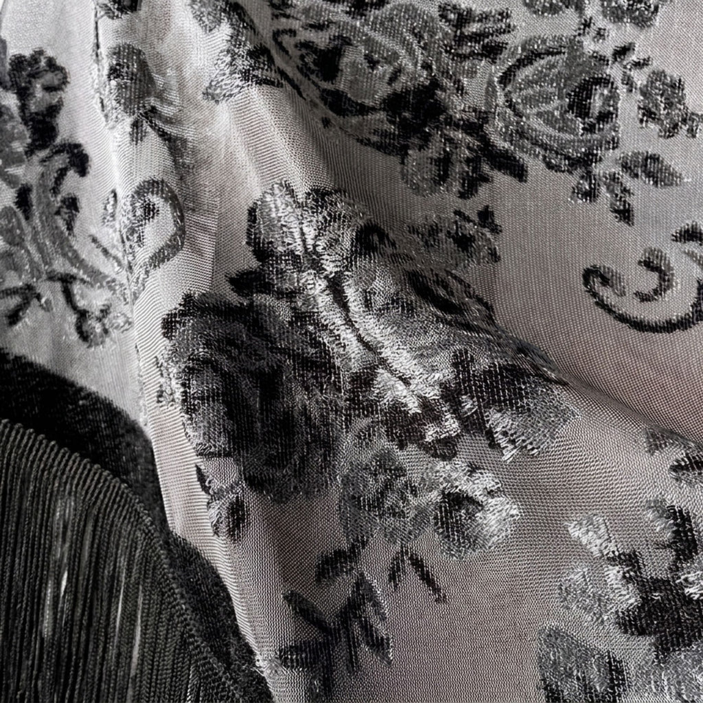 Triangle Shawl Scarf with Floral Jacquard and Fringe Trim
