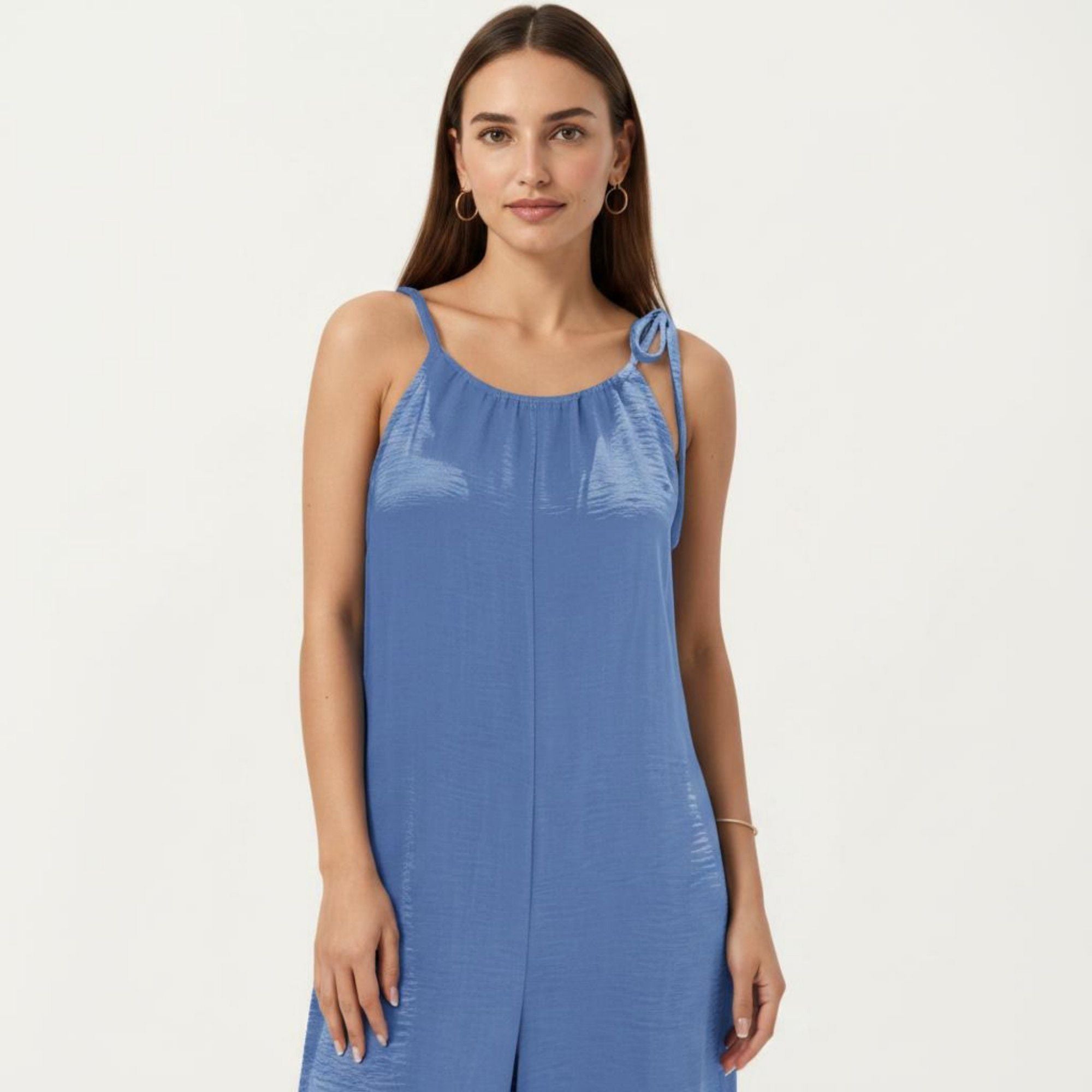 Anna-Kaci Women's Tie Strap Wide Leg Jumpsuit with Soft Satin Finish