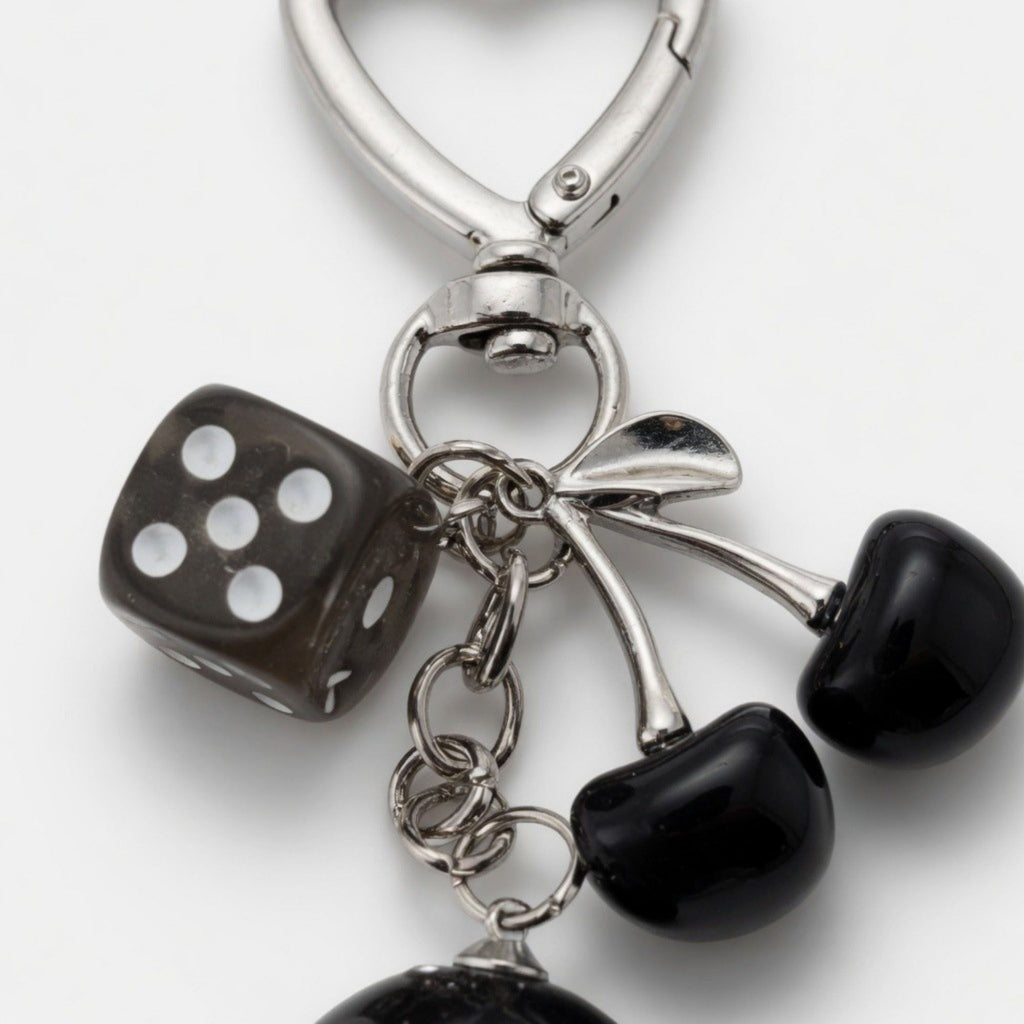 8 Ball Cherry Dice Charm Keychain with Heart Clip Novelty Bag Charm Key Ring Accessory