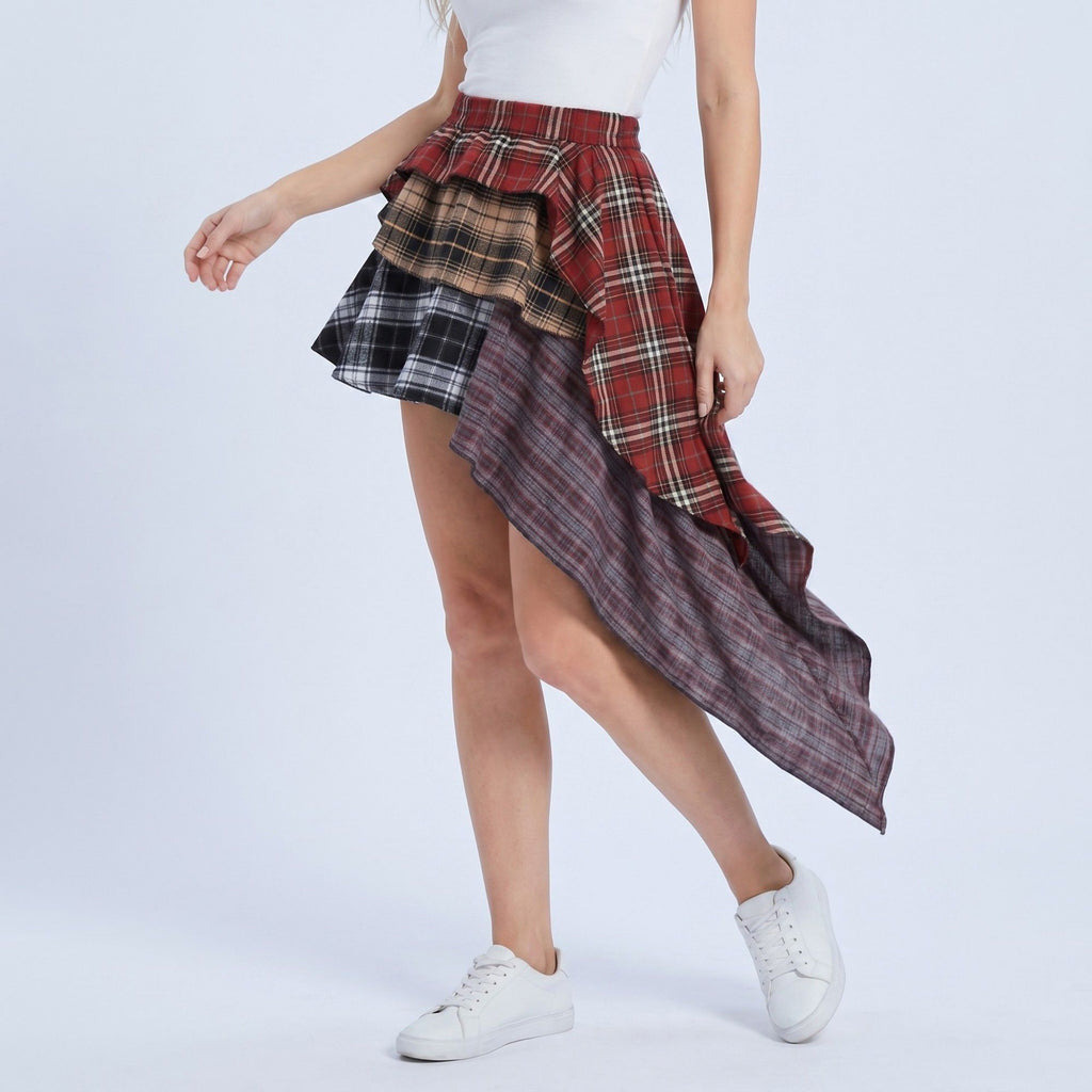 Anna-Kaci Women's Plaid Tiered High Low Ruffle Mini Skirt with Elastic Waist