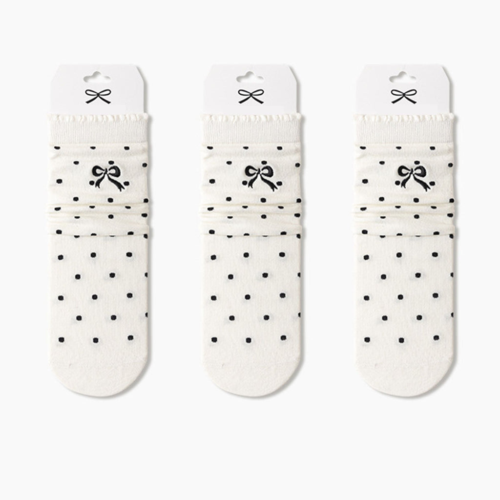 Anna-Kaci 3-Pair Soft Polka Dot Socks with Bow Embroidery and Ruffled Cuff Design