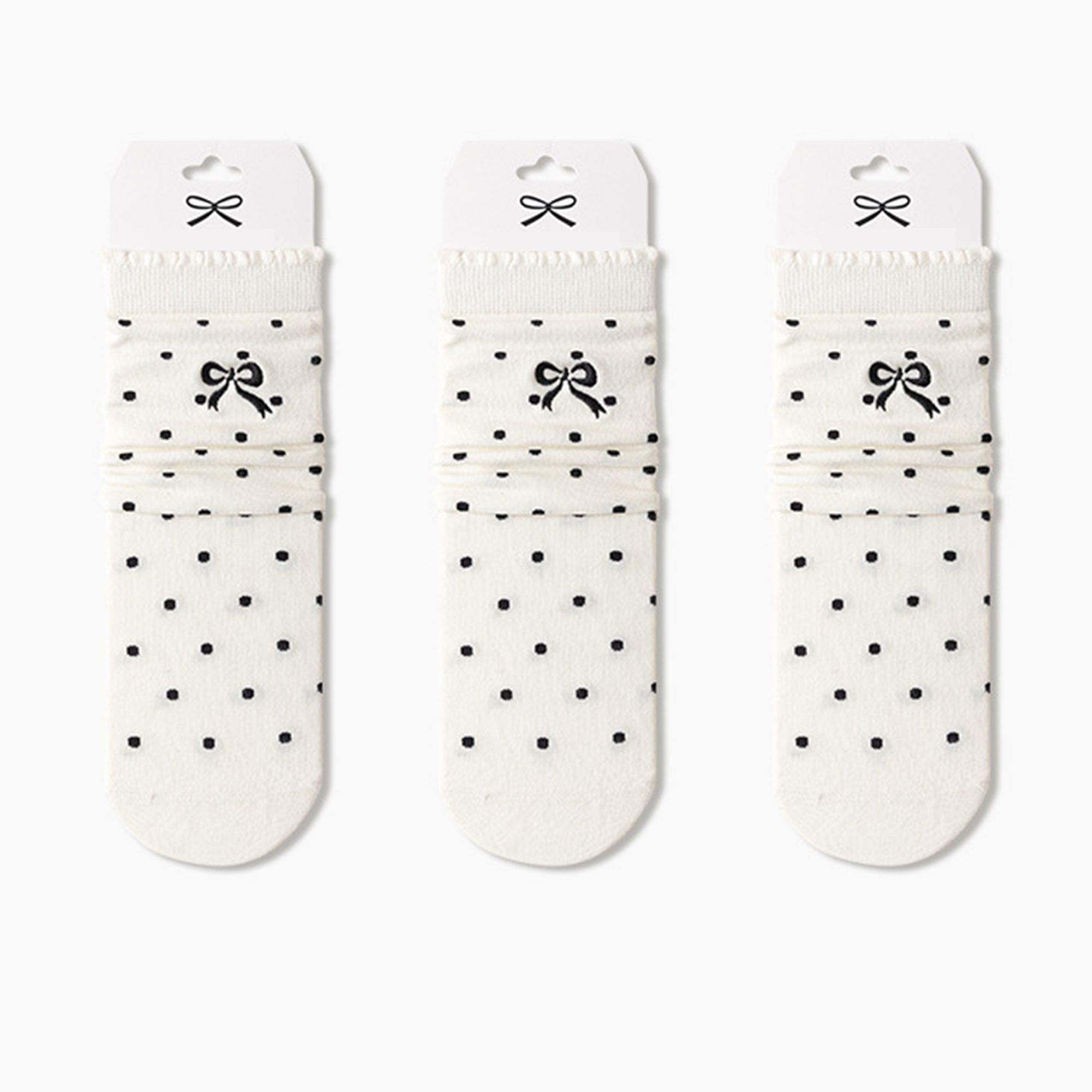 Anna-Kaci 3-Pair Soft Polka Dot Socks with Bow Embroidery and Ruffled Cuff Design