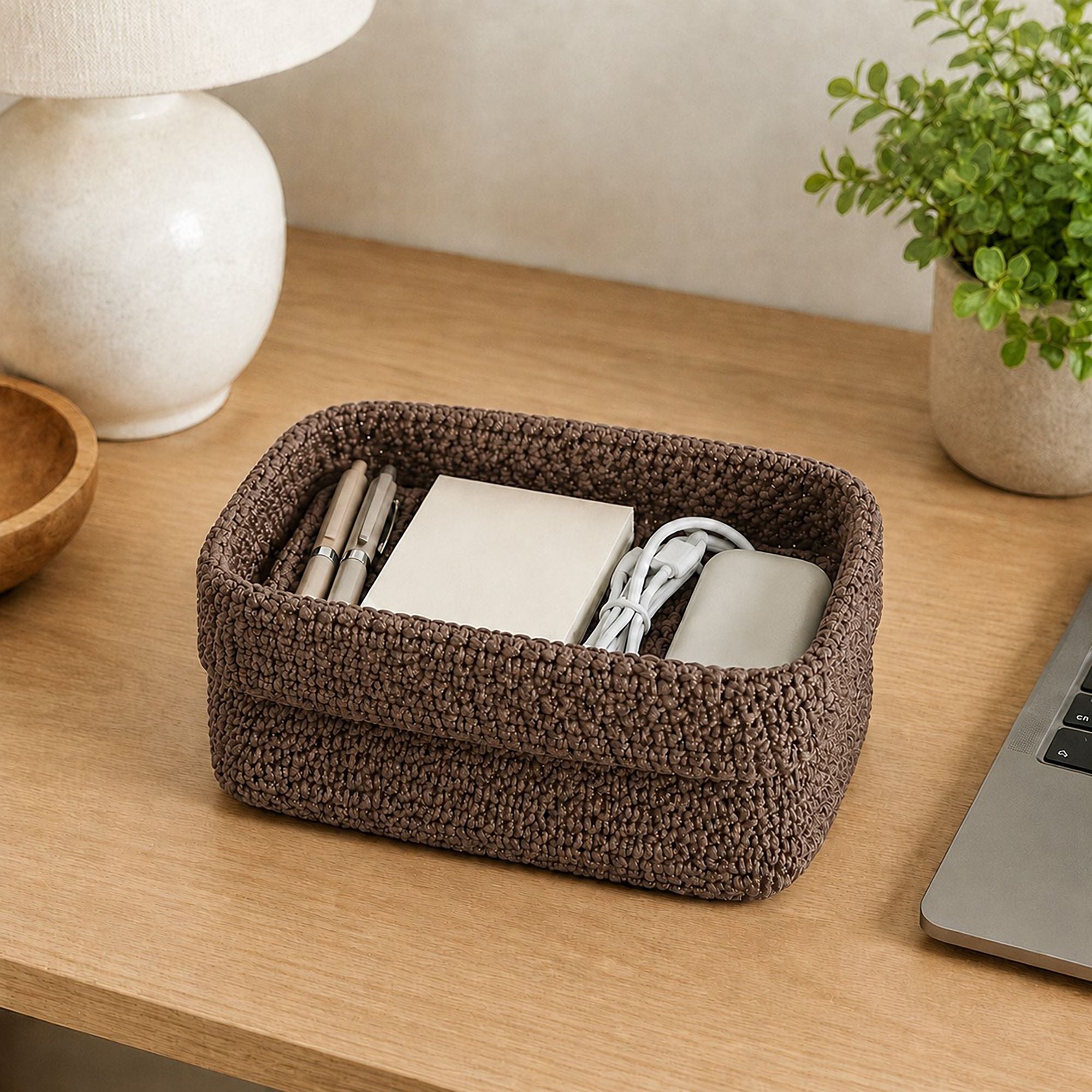 Rectangular Woven Storage Basket Foldover Rim Desktop Organizer Bin