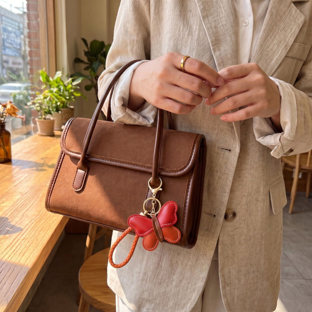 2-Piece Womens Faux Leather Bag Charm Keychain with Braided Wrist Strap and Gold Tone Ring