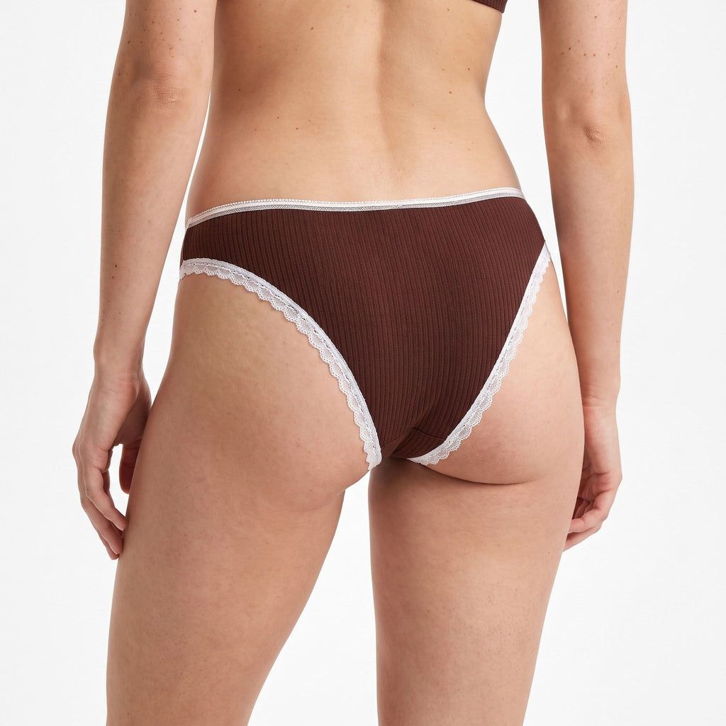 Anna-Kaci Womens 2 Pack Ribbed Lace Trim Thong Underwear
