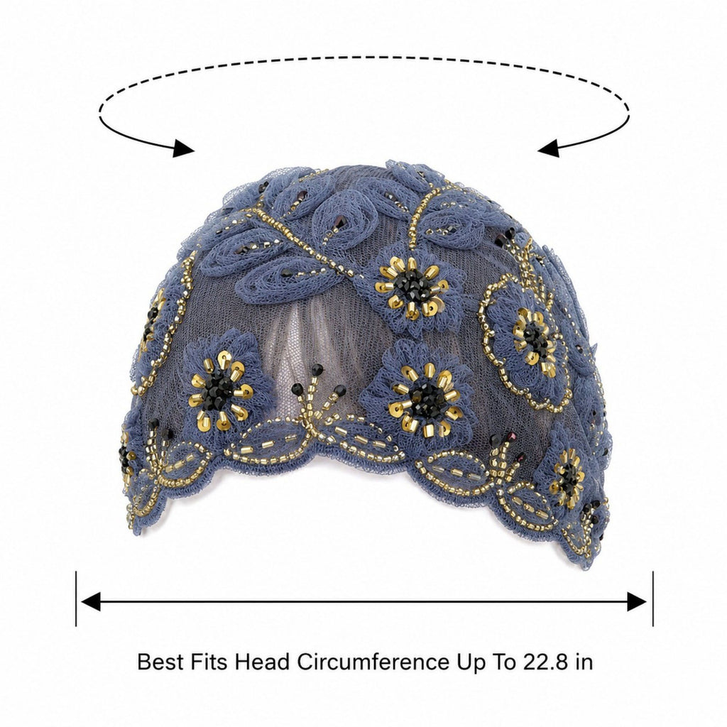 Floral Beaded Mesh Cloche Cap with Scalloped Trim