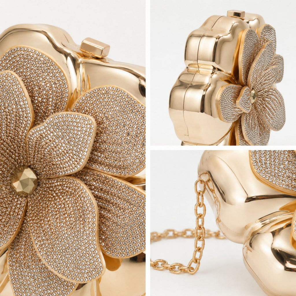 Flower Clutch Bag Metallic Look Evening Handbag with Chain Strap and Beaded Floral Accent