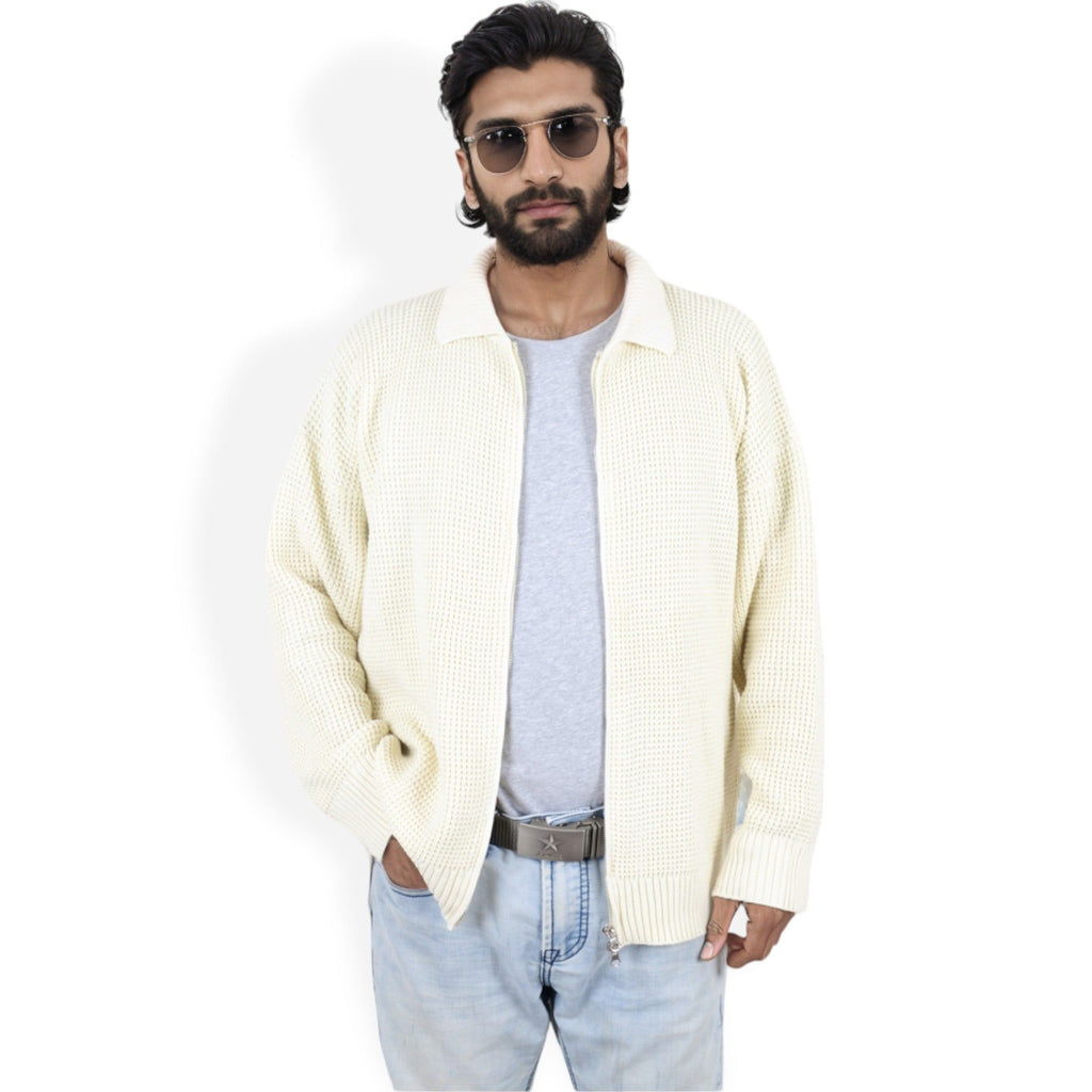 Anna-Kaci Men's Waffle Knit Zip-Up Cardigan with Classic Collar and Relaxed Fit