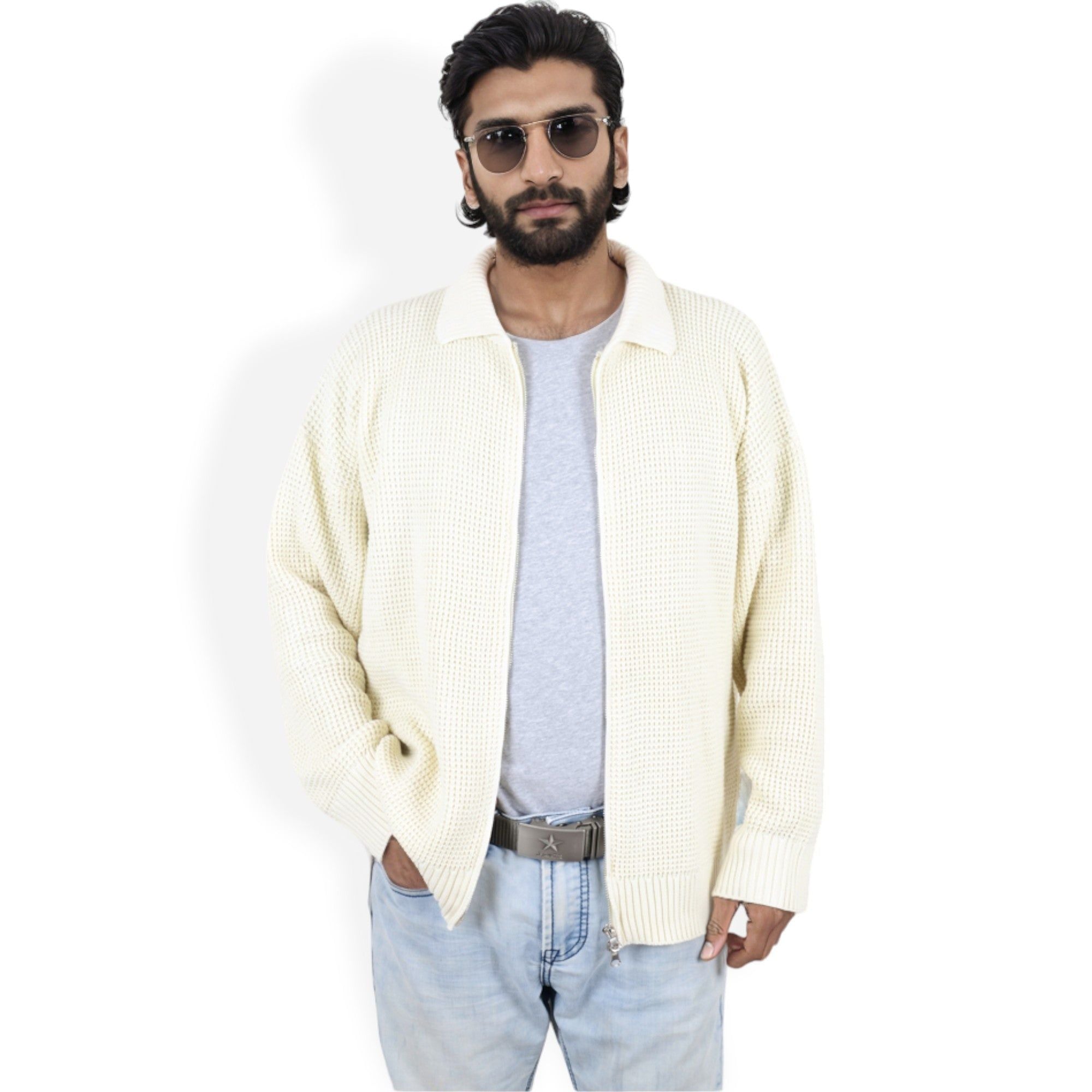 Anna-Kaci Men's Waffle Knit Zip-Up Cardigan with Classic Collar and Relaxed Fit