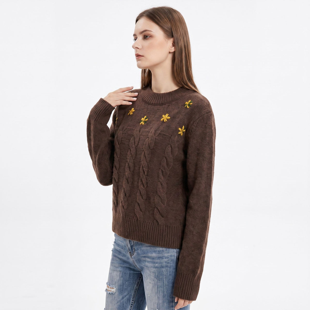 Floral Embroidered Cable Knit Crewneck Sweater