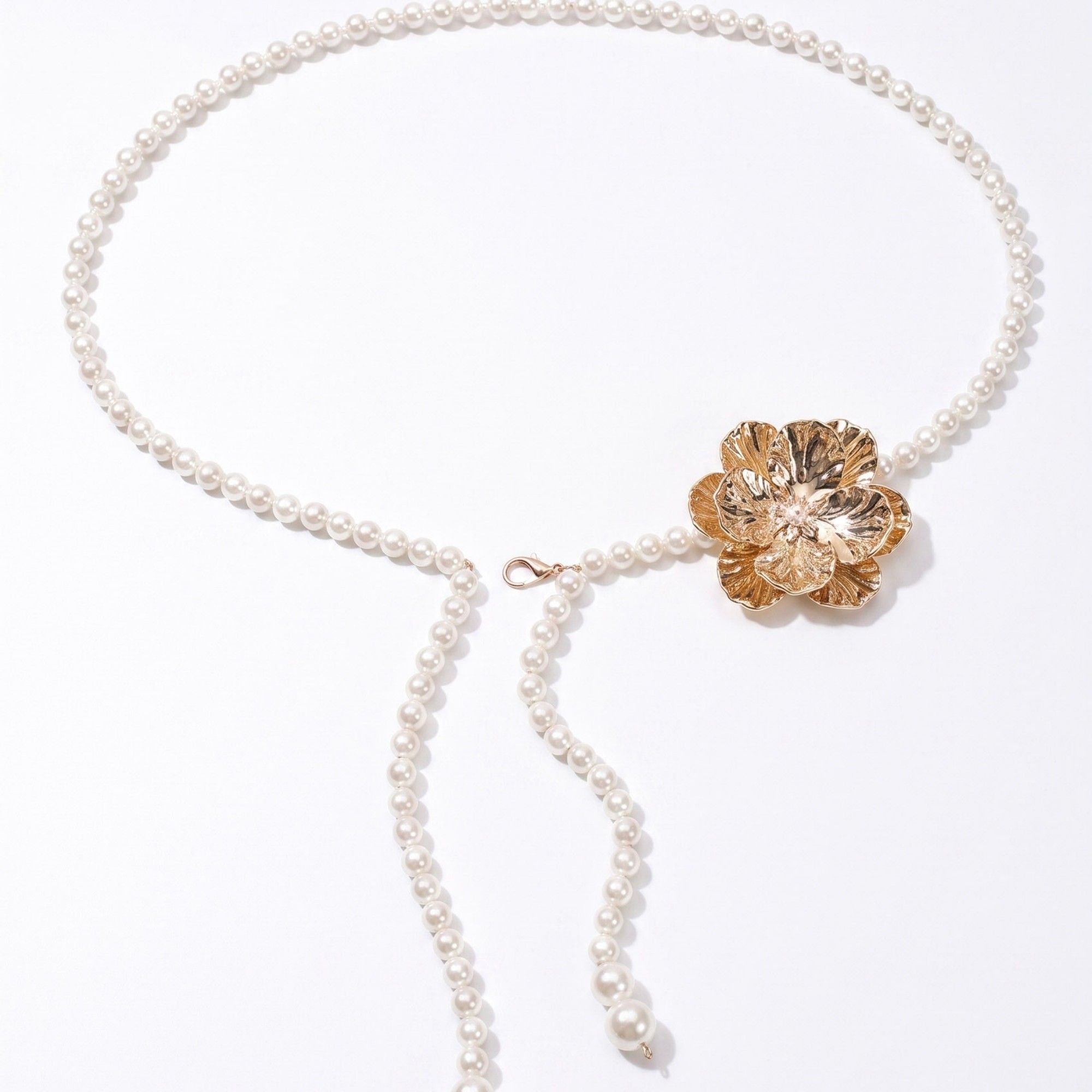 Single Textured Floral Plastic Pearl Waist Chain Adjustable Vintage Statement Waist Jewelry 43.3in
