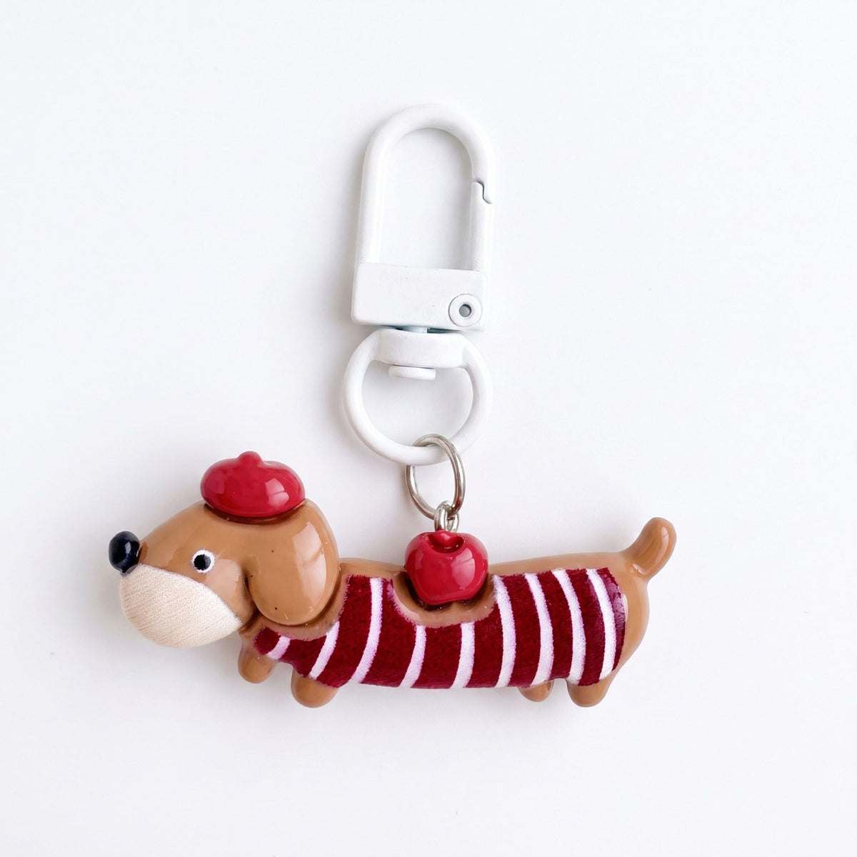Llavero y Colgante para Bolso de Perro Salchicha de 2 Piezas con Suéter Rayado y Manzana, Anillo para Llaves con Clip